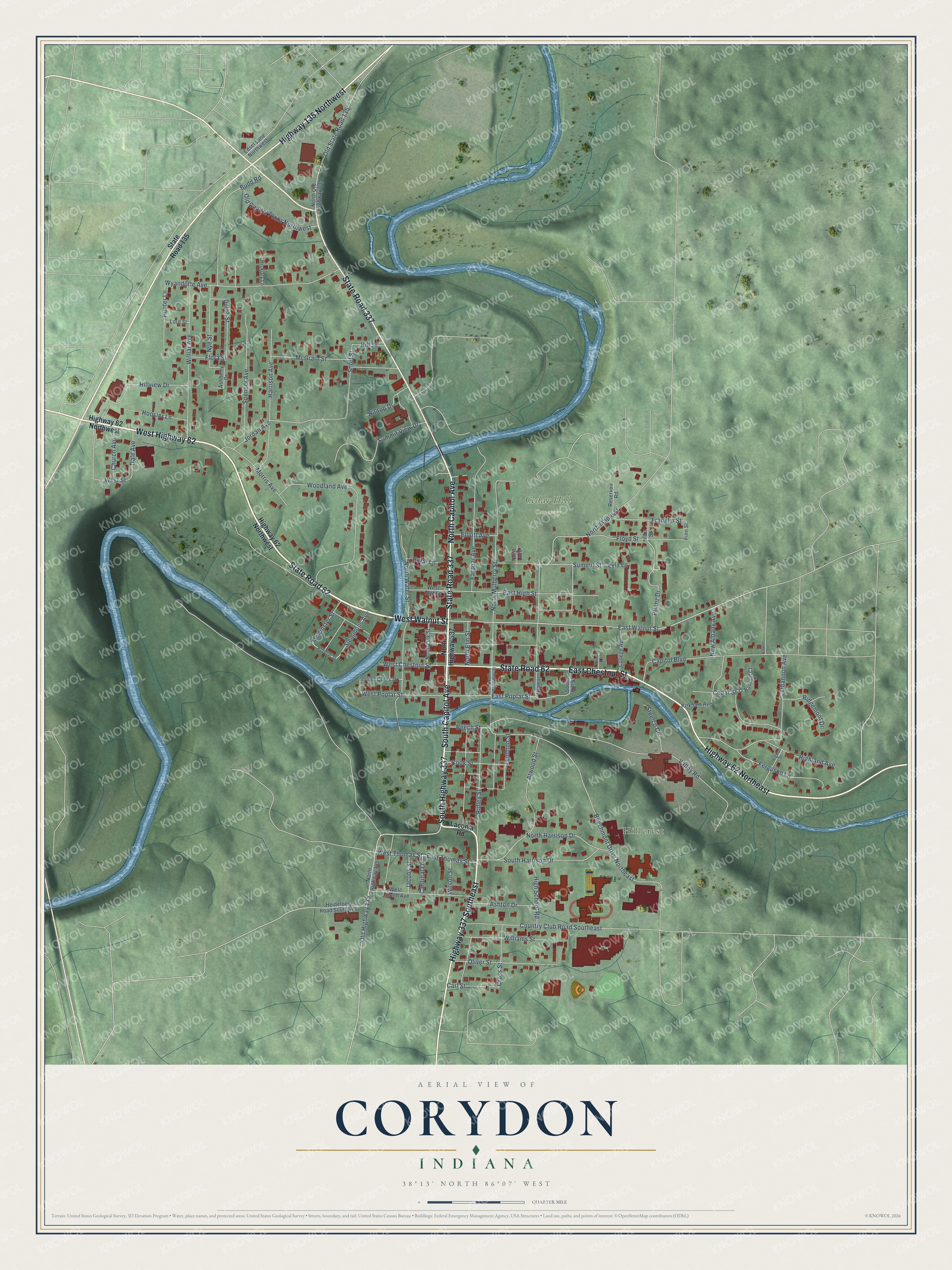 Full map of Corydon, Indiana, with red buildings, printed street names and the land around them