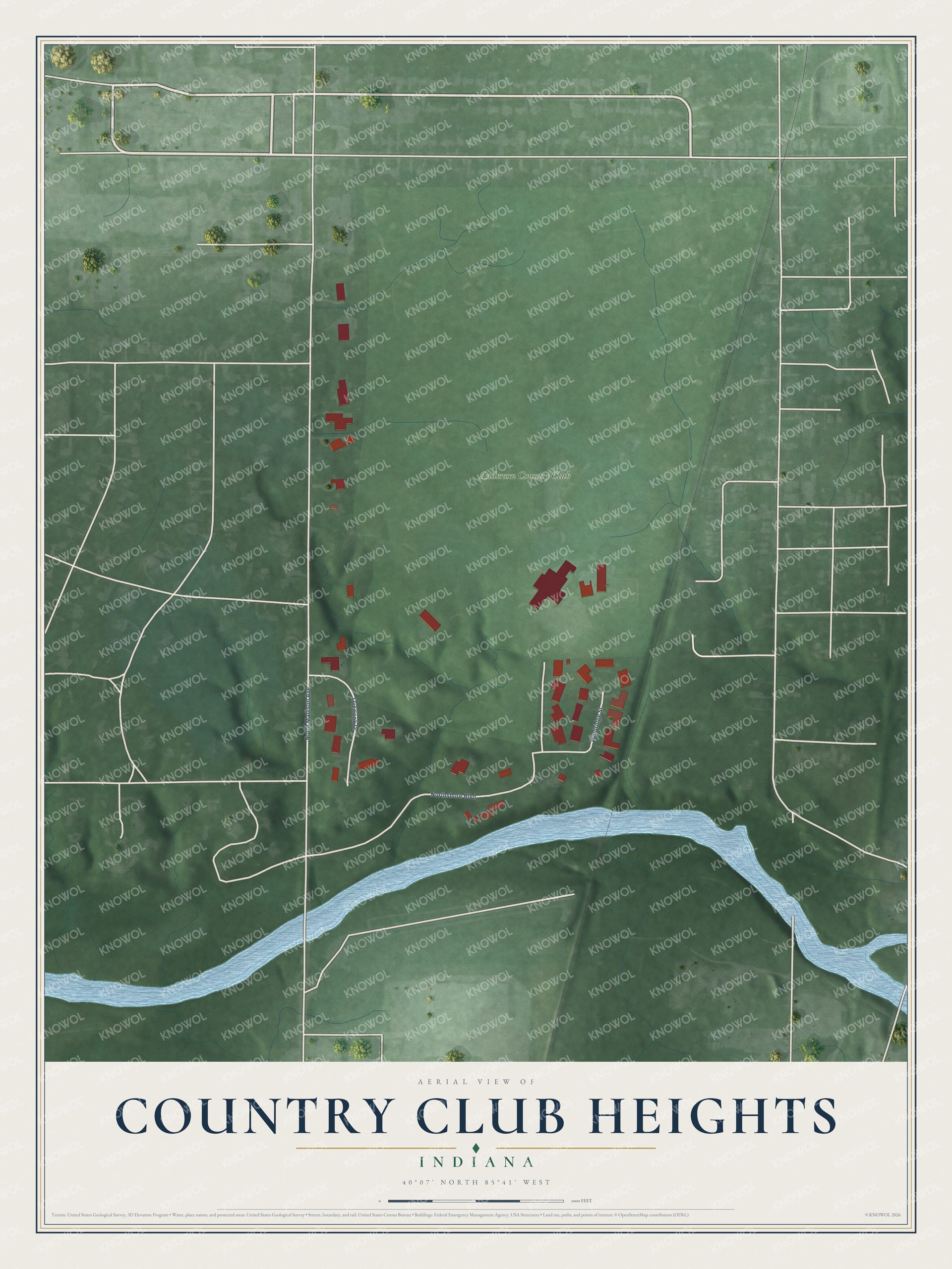 Full map of Country Club Heights, Indiana, with red buildings, printed street names and the land around them