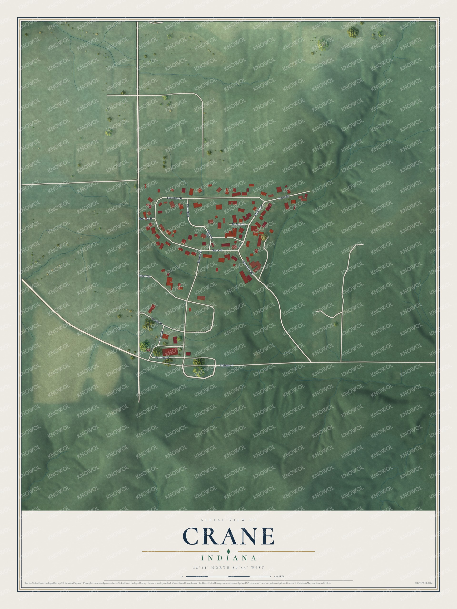 Full map of Crane, Indiana, with red buildings, printed street names and the land around them