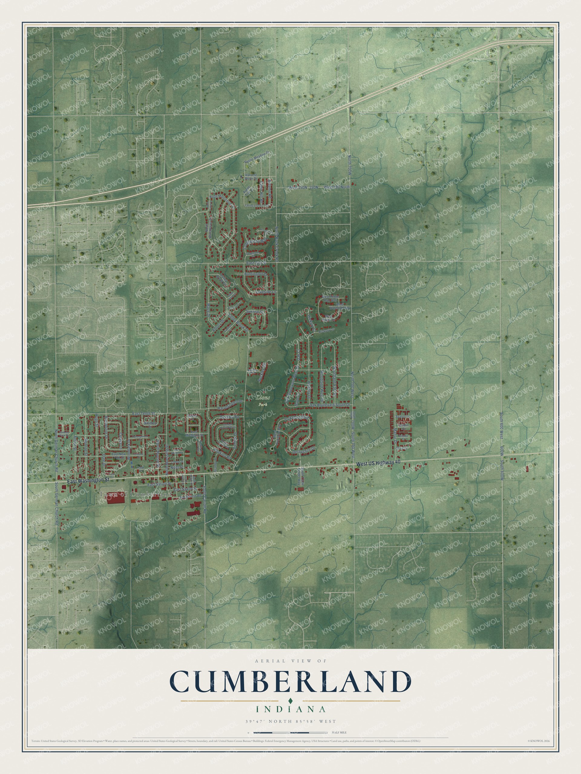 Full map of Cumberland, Indiana, with red buildings, printed street names and the land around them