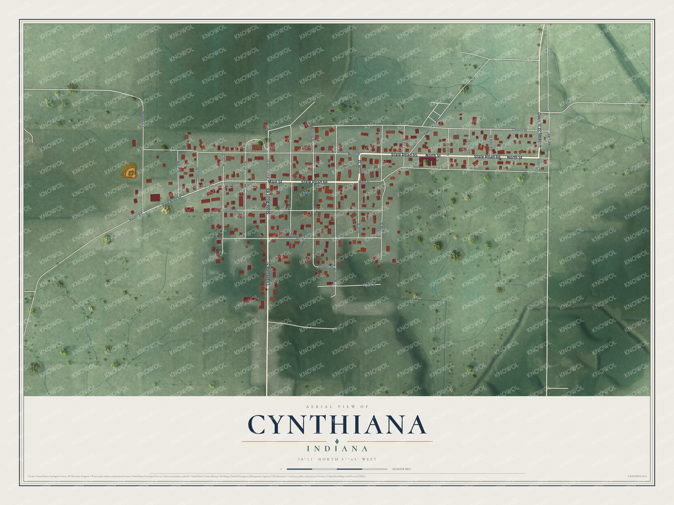 Full map of Cynthiana, Indiana, with red buildings, printed street names and the land around them