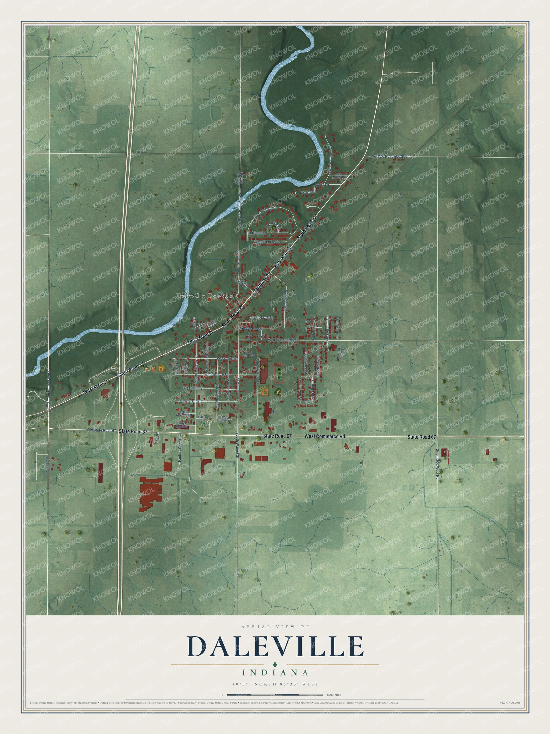 Full map of Daleville, Indiana, with red buildings, printed street names and the land around them