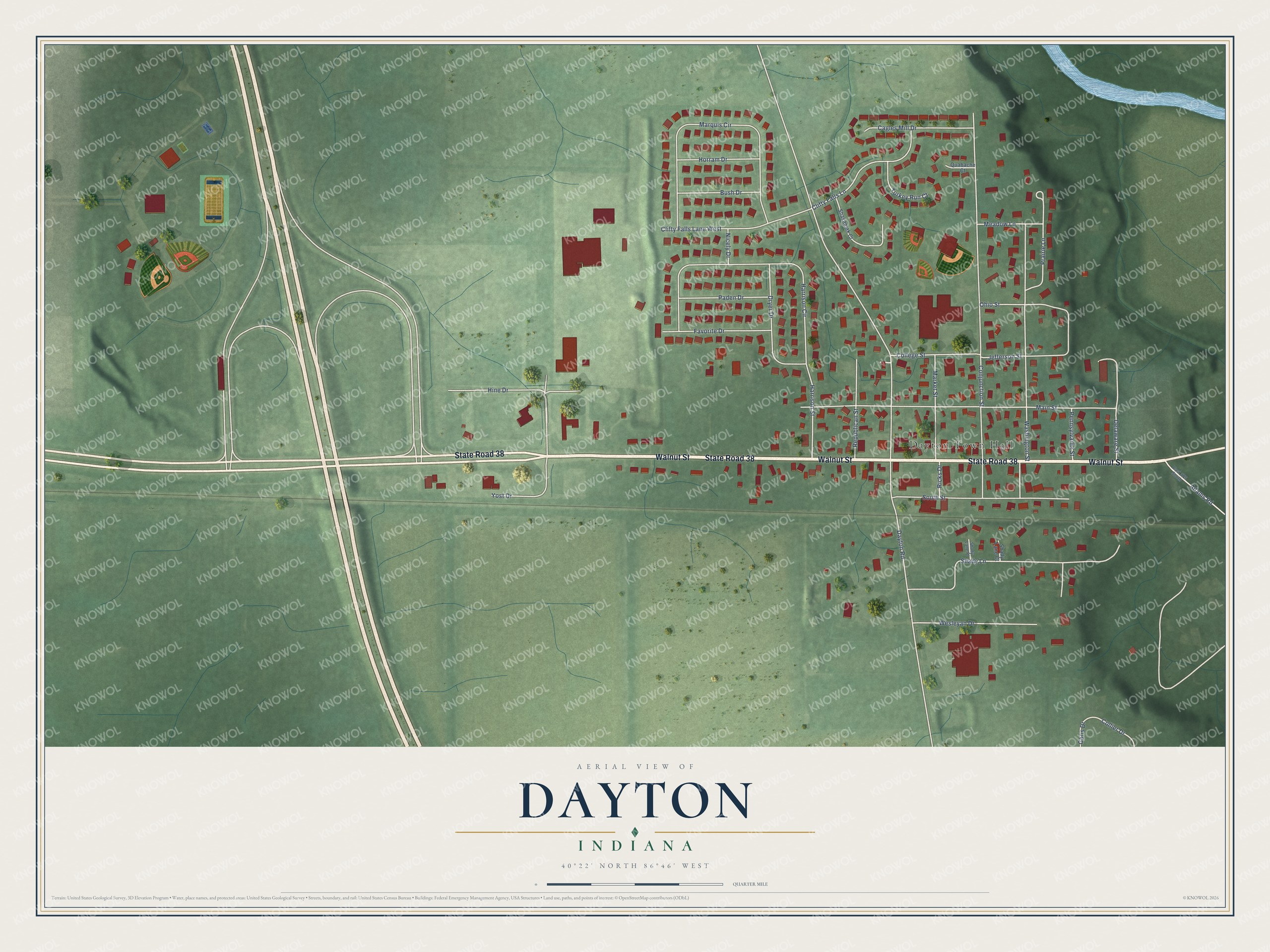 Full map of Dayton, Indiana, with red buildings, printed street names and the land around them