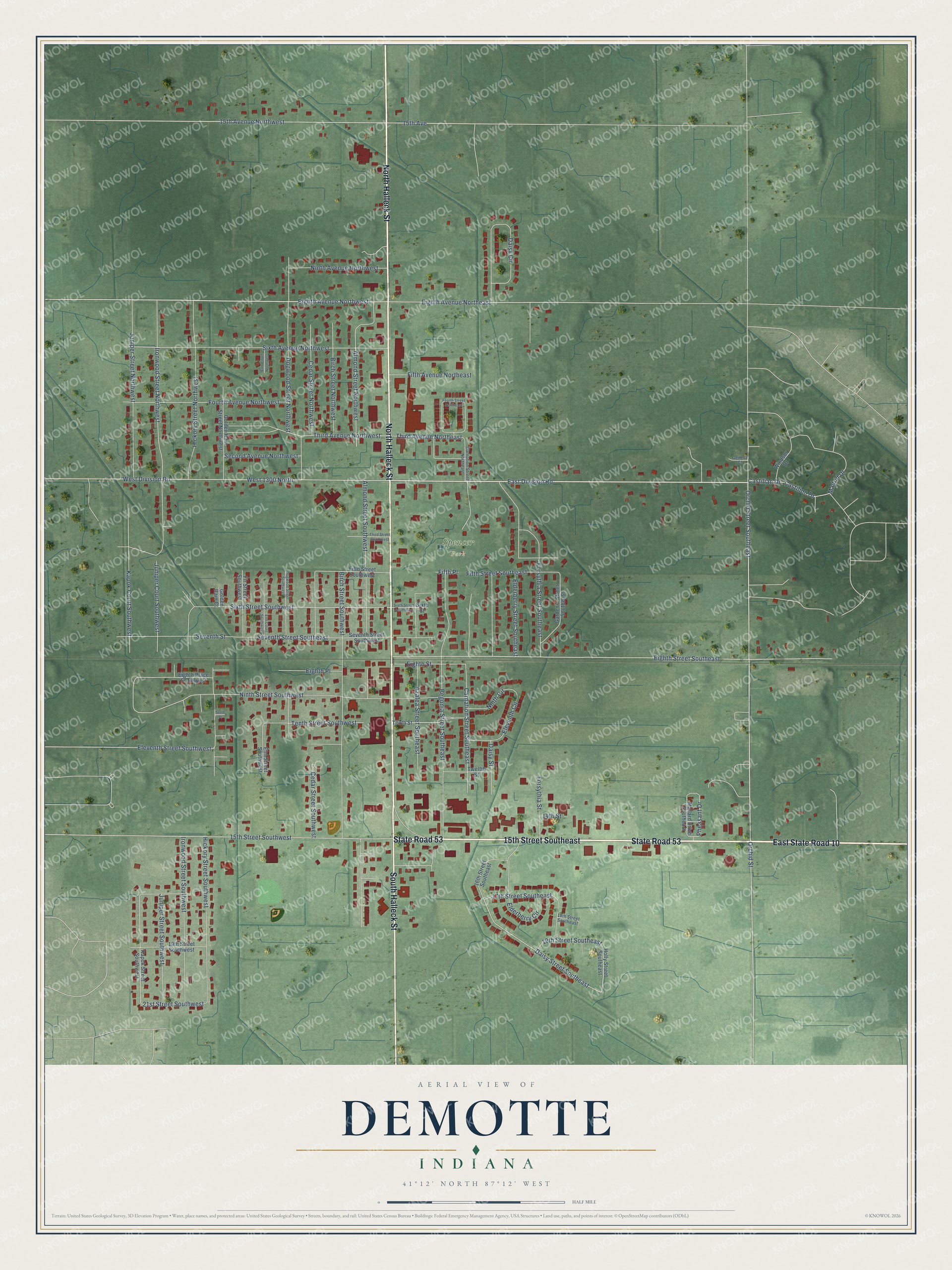 Full map of DeMotte, Indiana, with red buildings, printed street names and the land around them