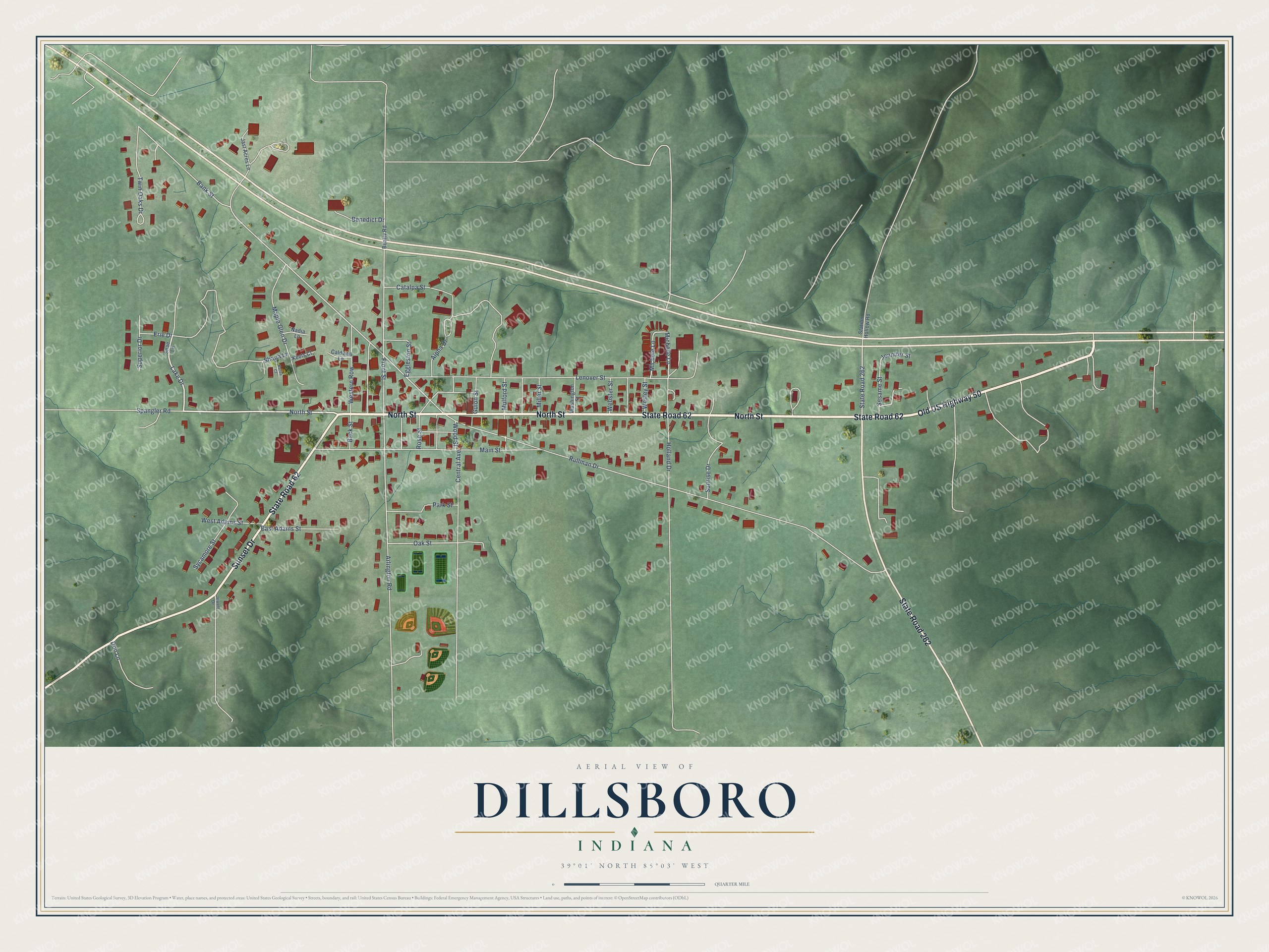 Full map of Dillsboro, Indiana, with red buildings, printed street names and the land around them