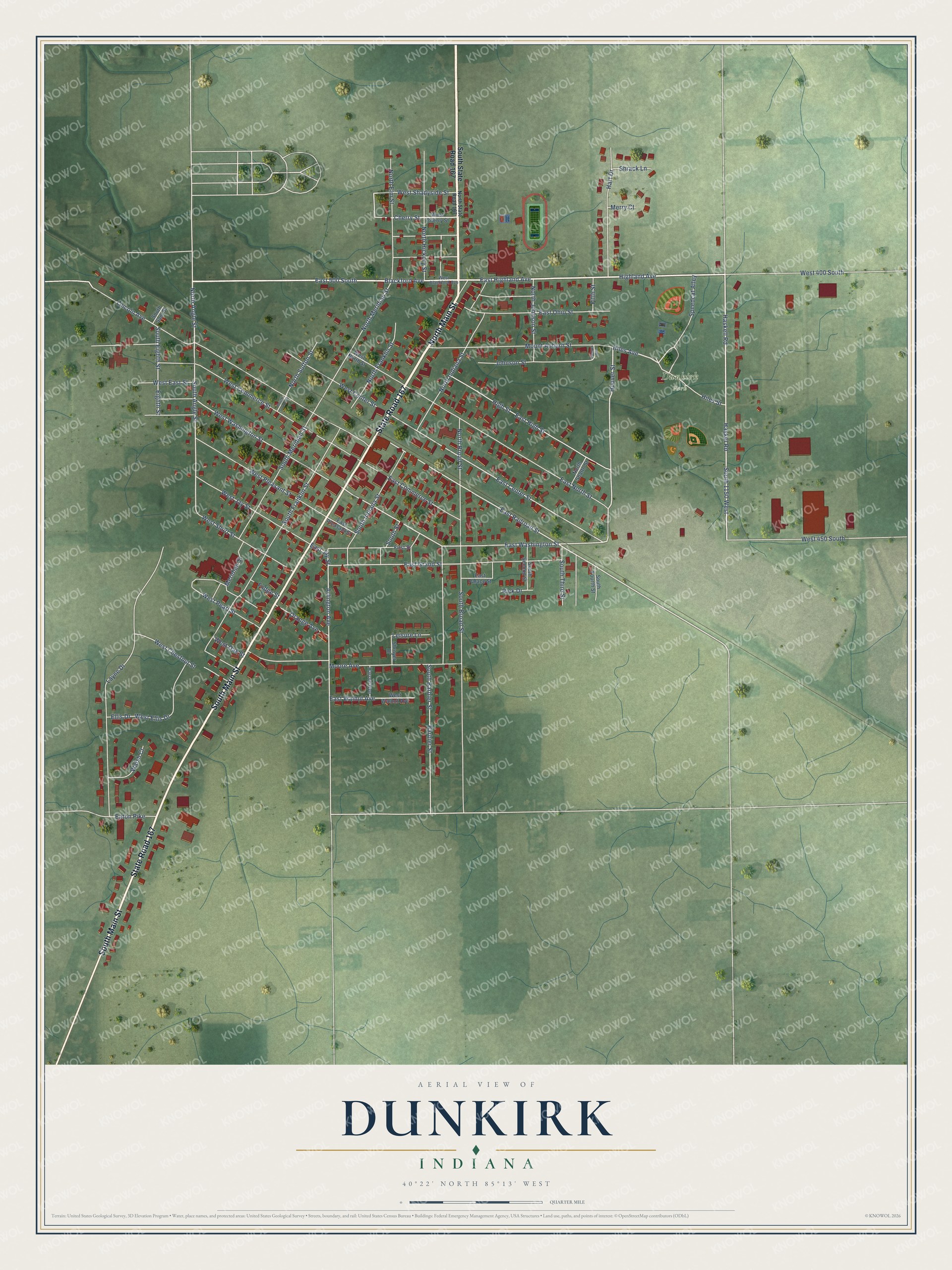 Full map of Dunkirk, Indiana, with red buildings, printed street names and the land around them