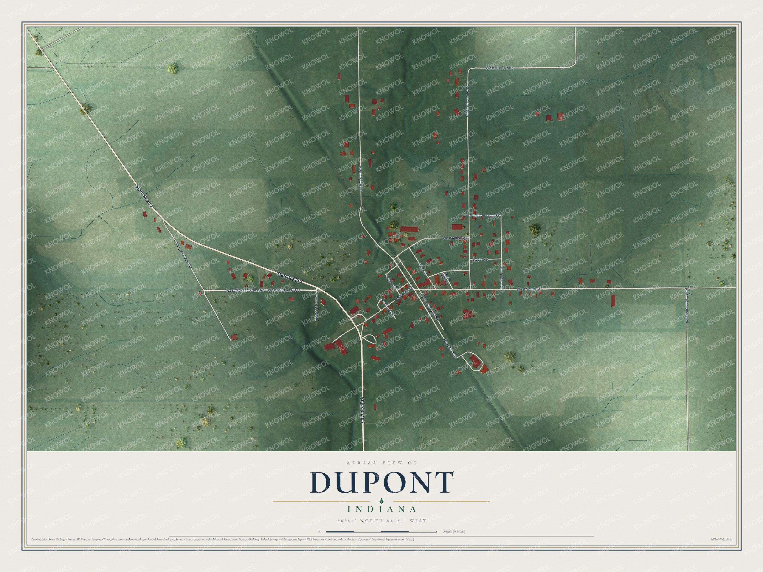 Full map of Dupont, Indiana, with red buildings, printed street names and the land around them