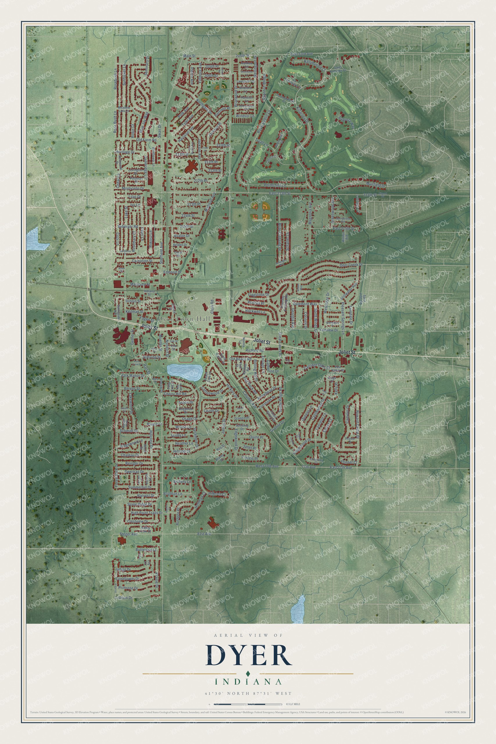 Full map of Dyer, Indiana, with red buildings, printed street names and the land around them