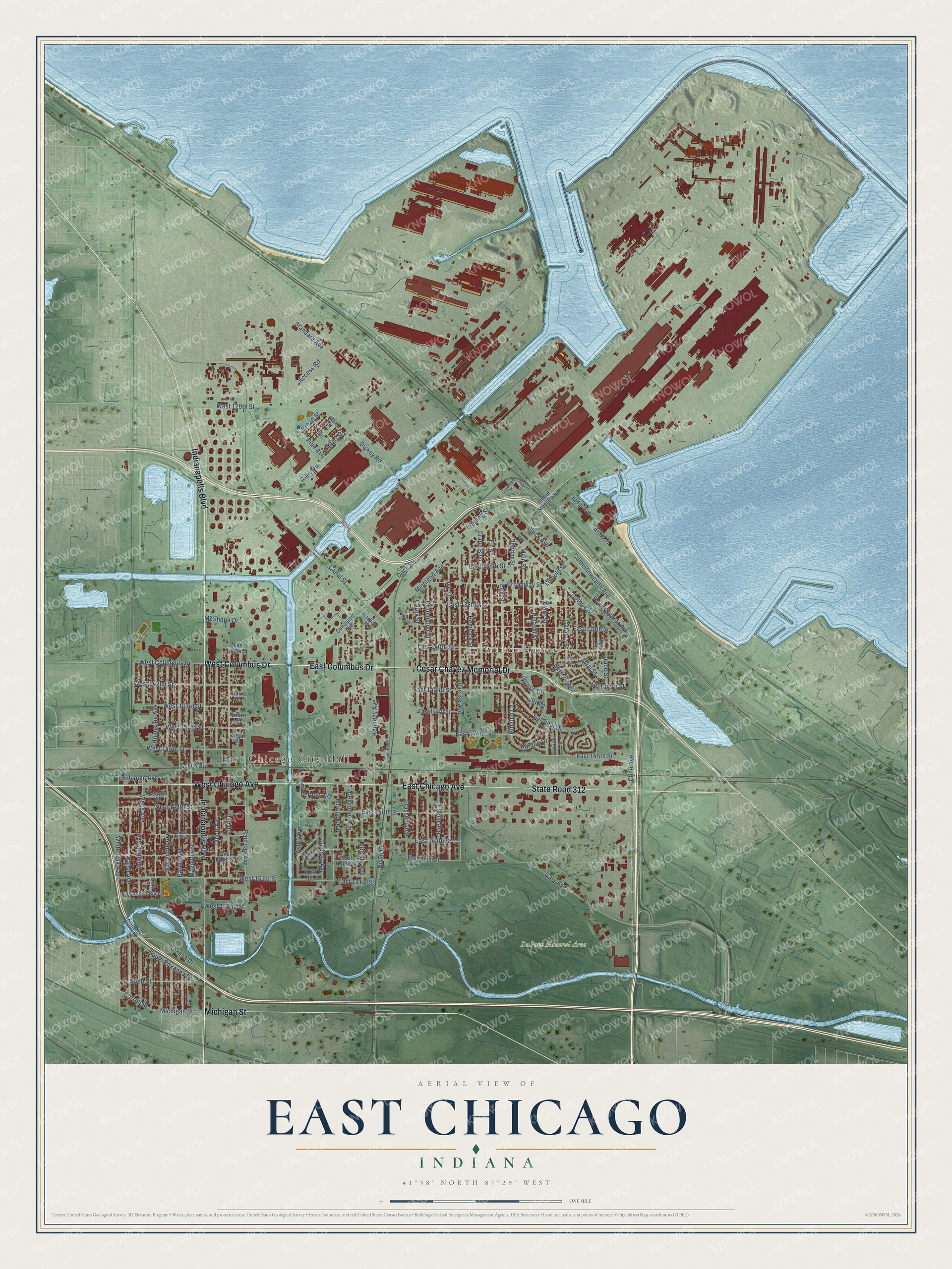 Full map of East Chicago, Indiana, with red buildings, printed street names and the land around them