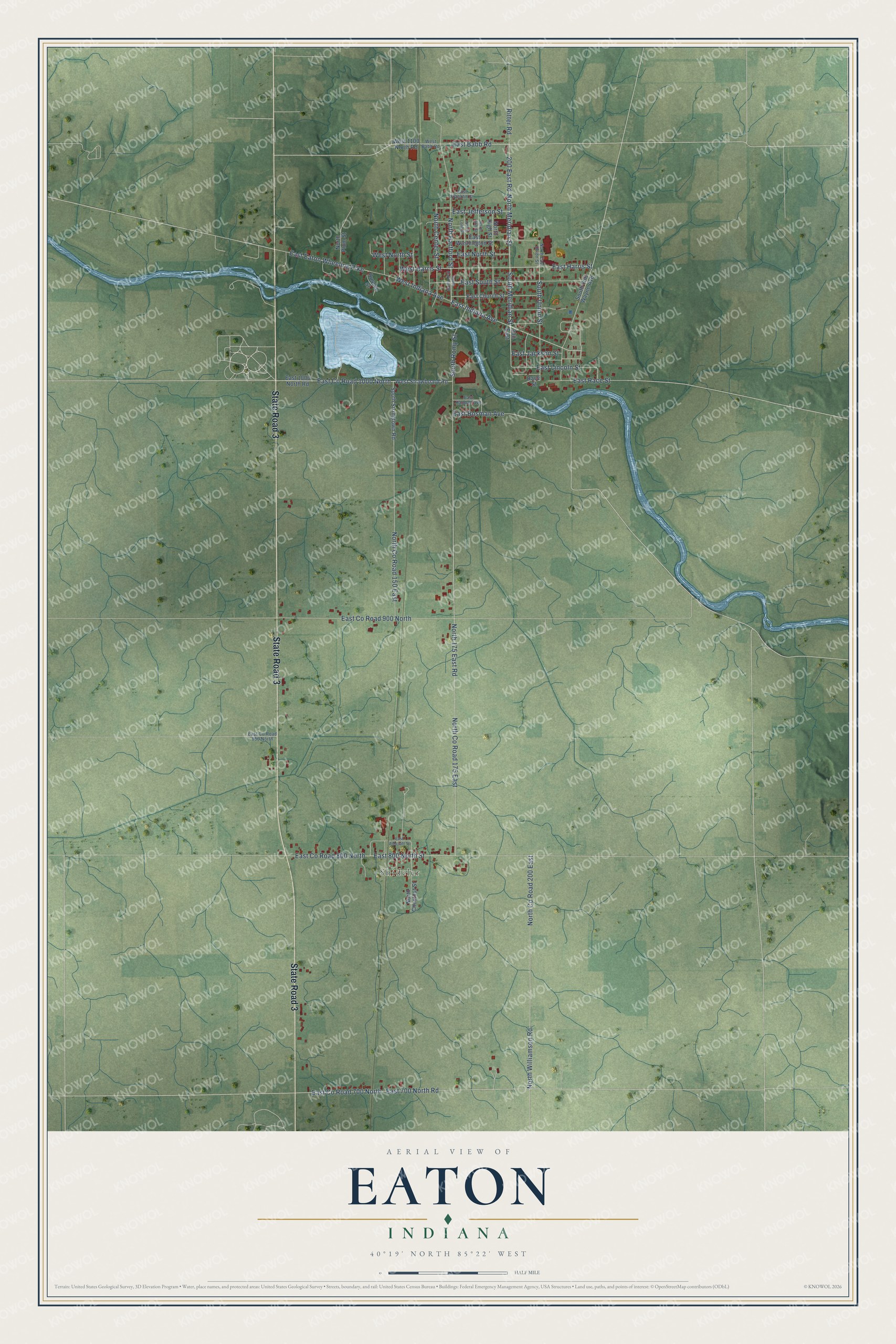 Full map of Eaton, Indiana, with red buildings, printed street names and the land around them