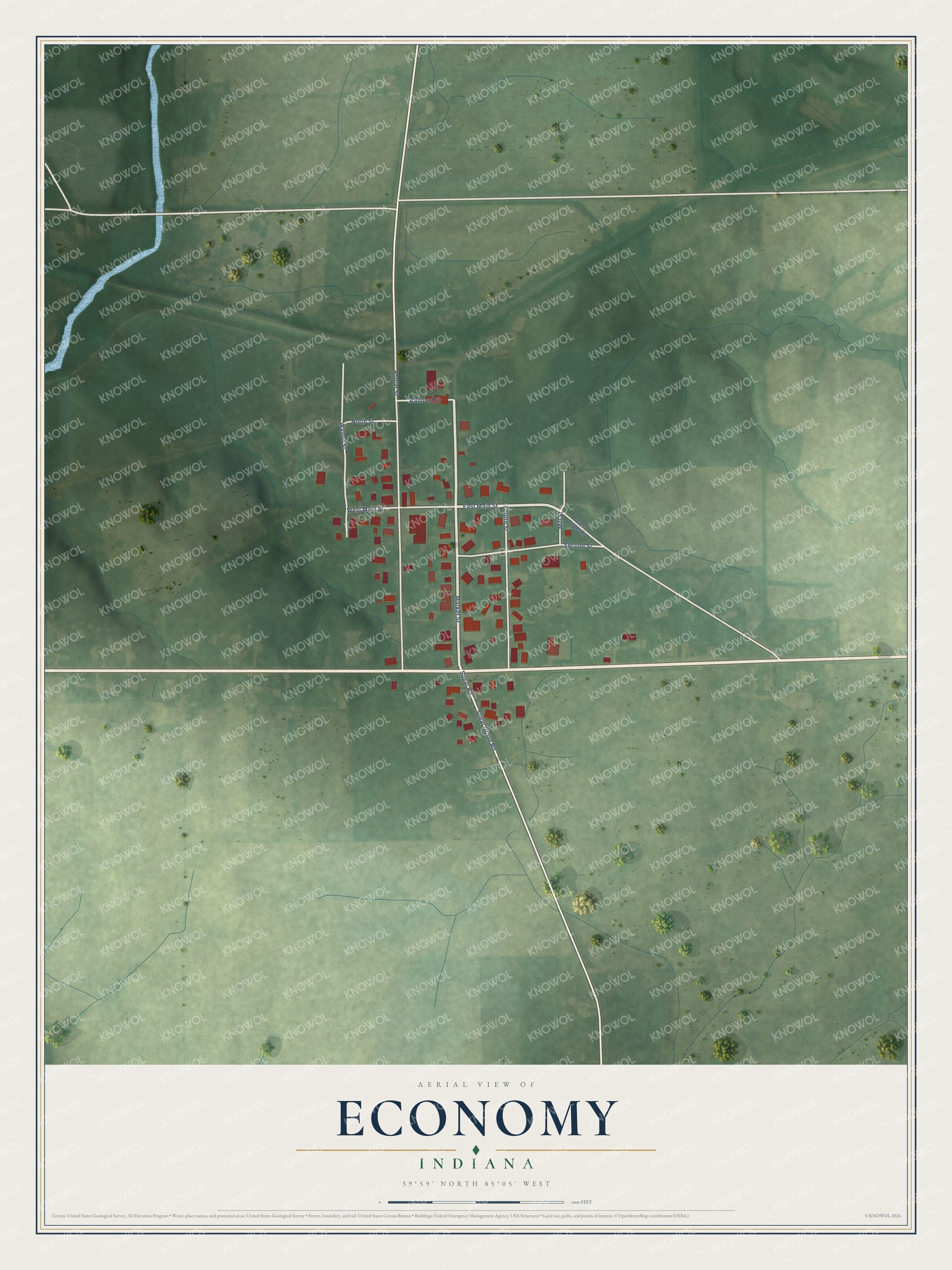 Full map of Economy, Indiana, with red buildings, printed street names and the land around them