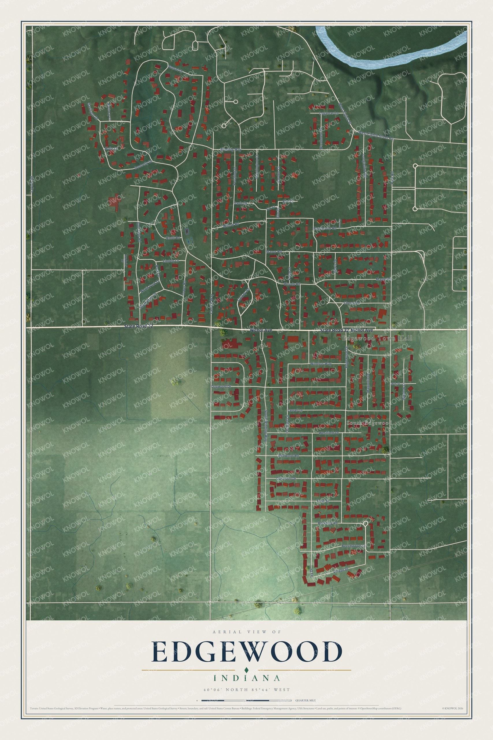 Full map of Edgewood, Indiana, with red buildings, printed street names and the land around them