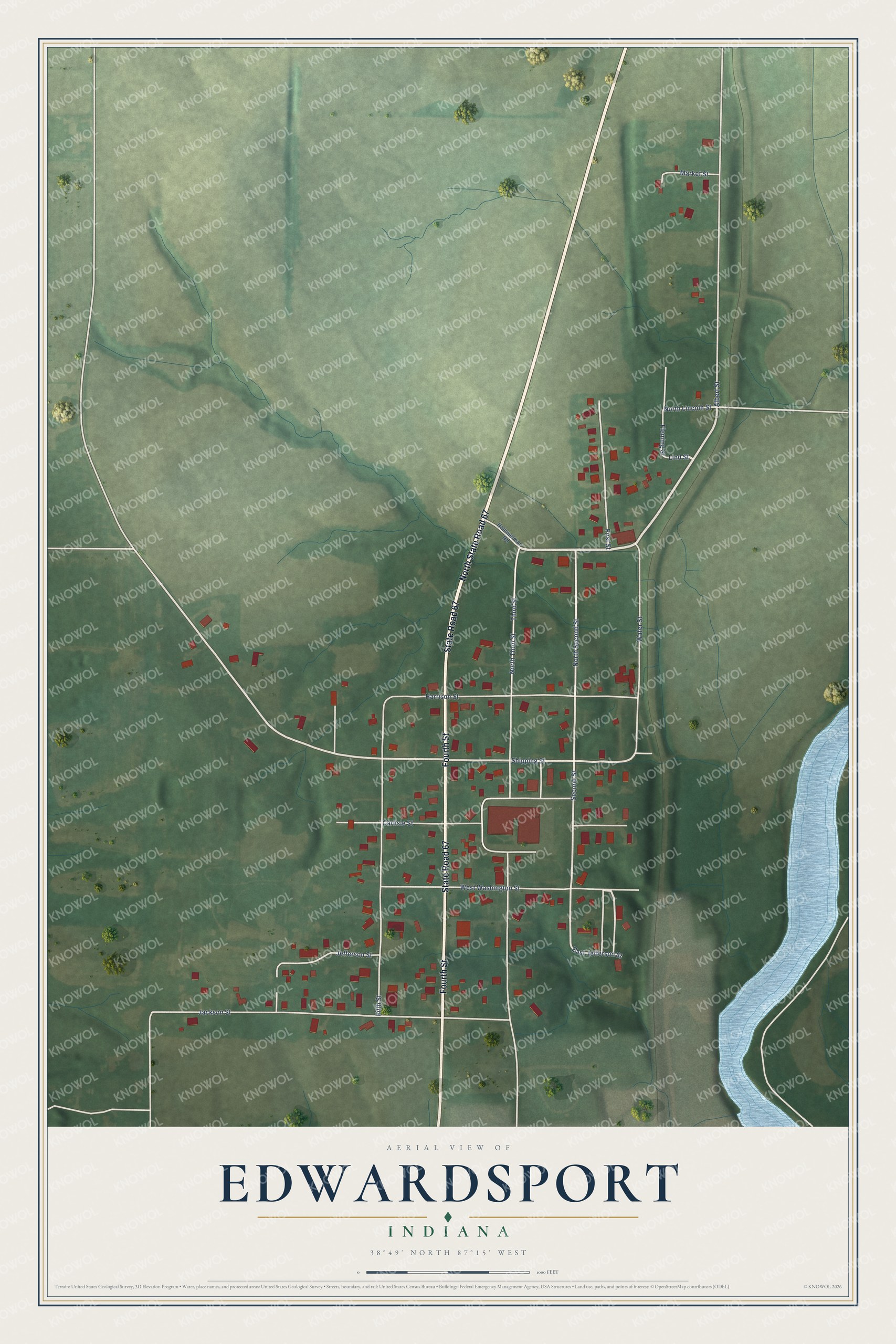 Full map of Edwardsport, Indiana, with red buildings, printed street names and the land around them