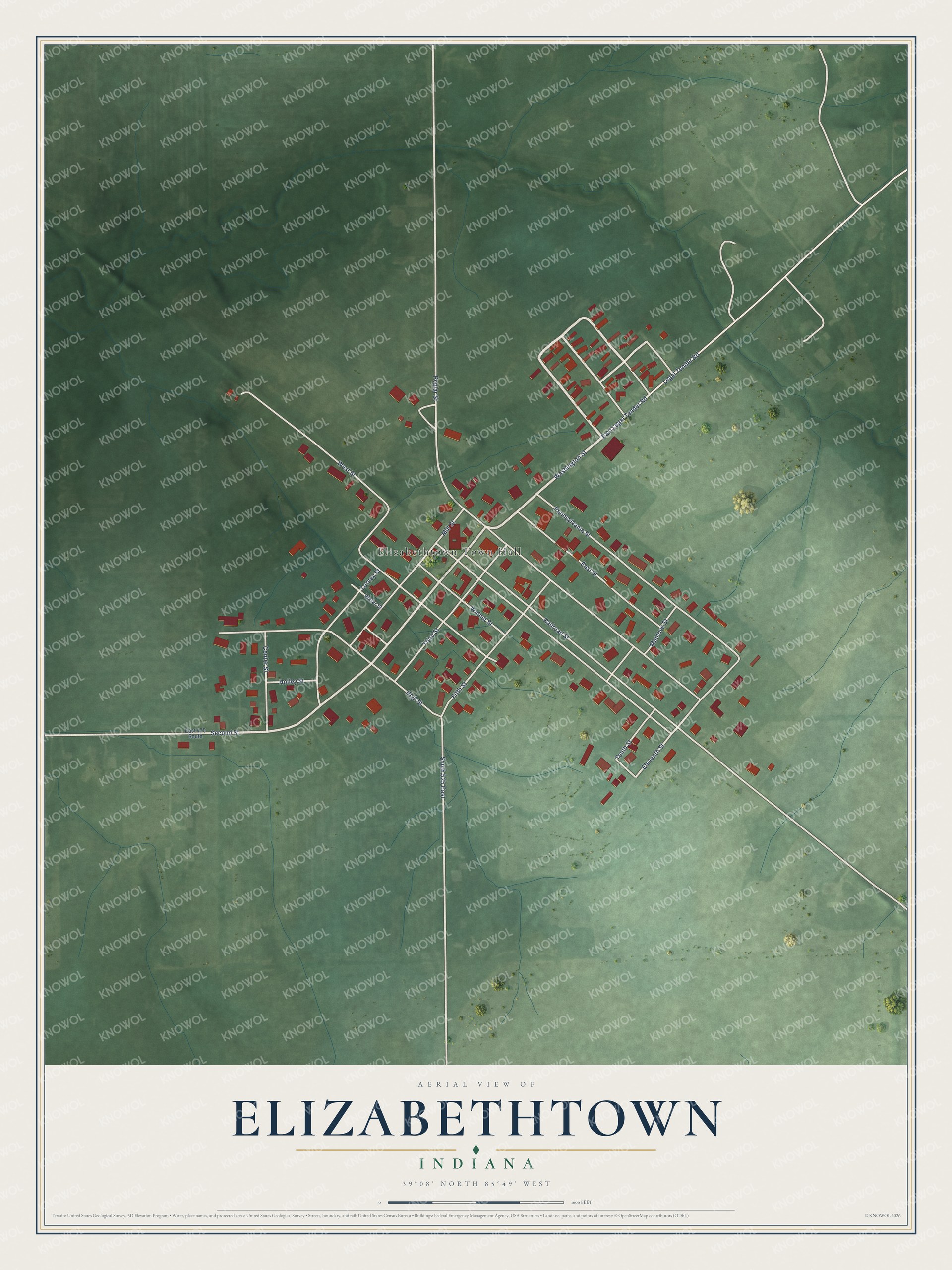 Full map of Elizabethtown, Indiana, with red buildings, printed street names and the land around them