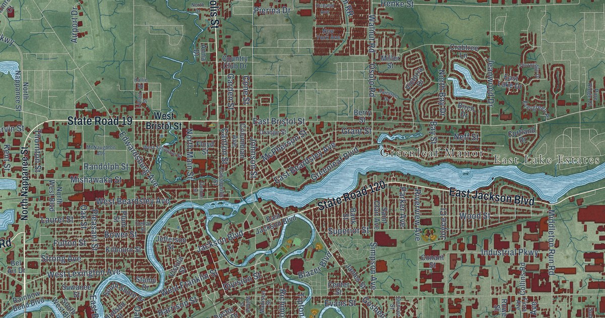 Map of Elkhart, Indiana in 2026