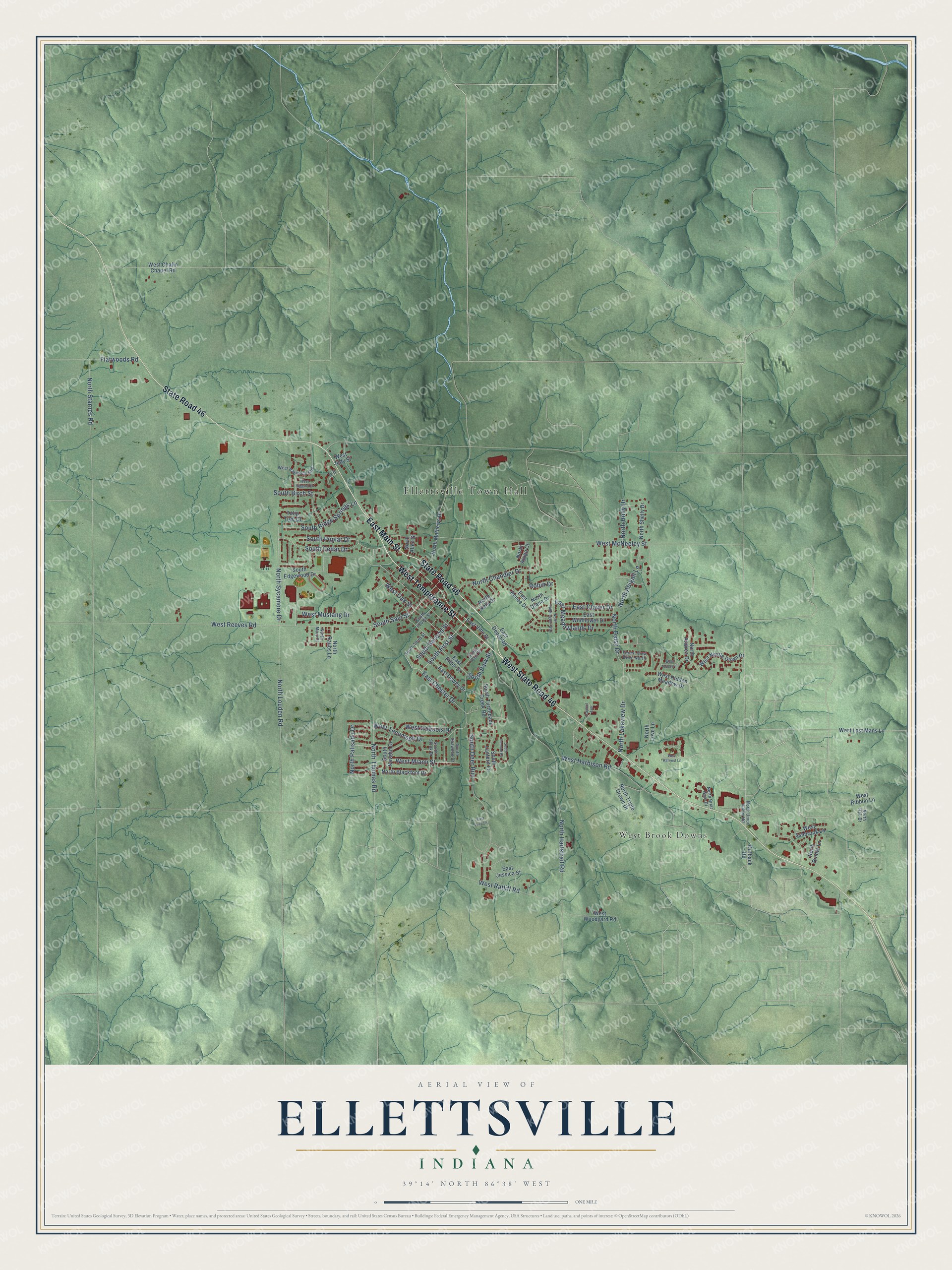 Full map of Ellettsville, Indiana, with red buildings, printed street names and the land around them