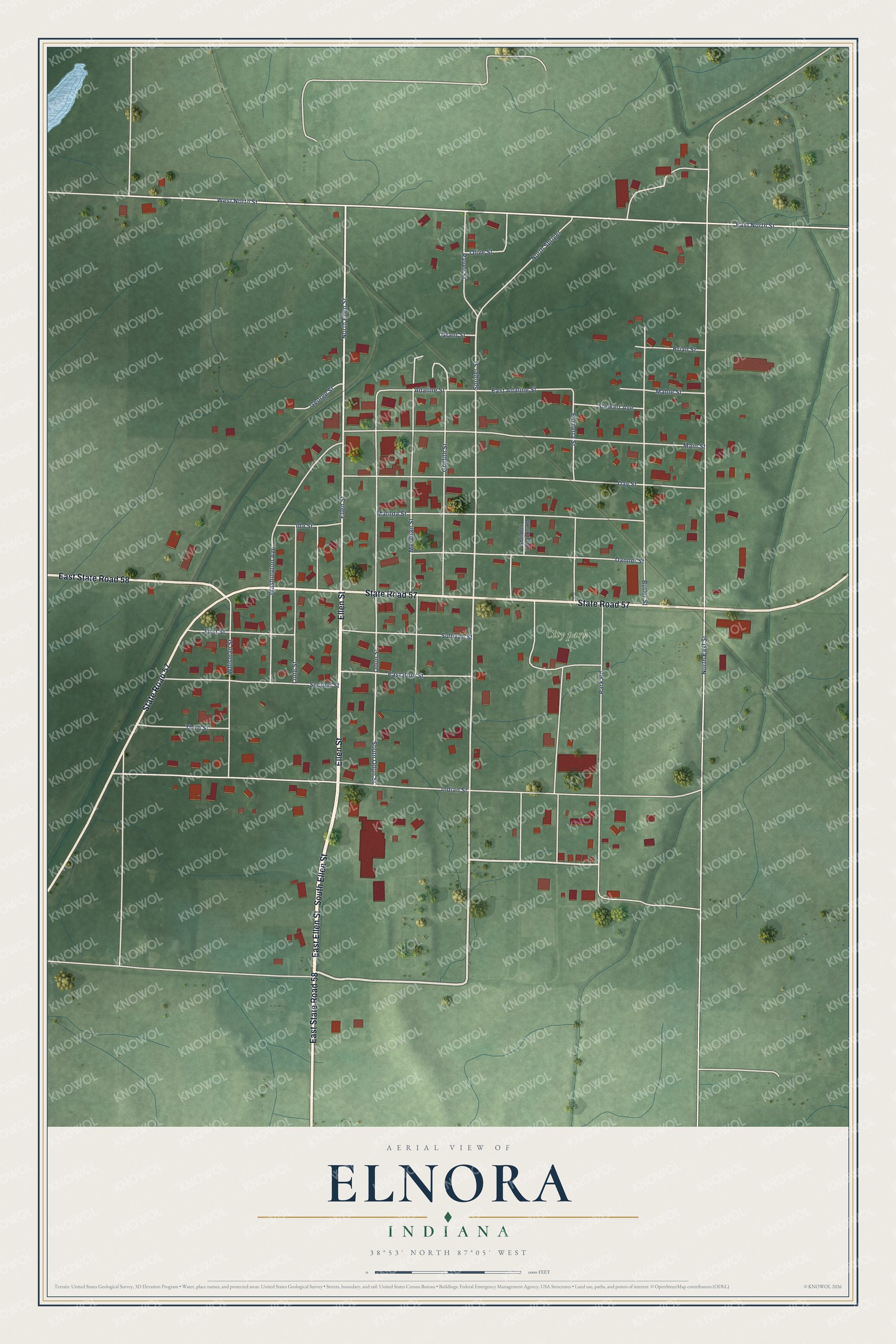 Full map of Elnora, Indiana, with red buildings, printed street names and the land around them