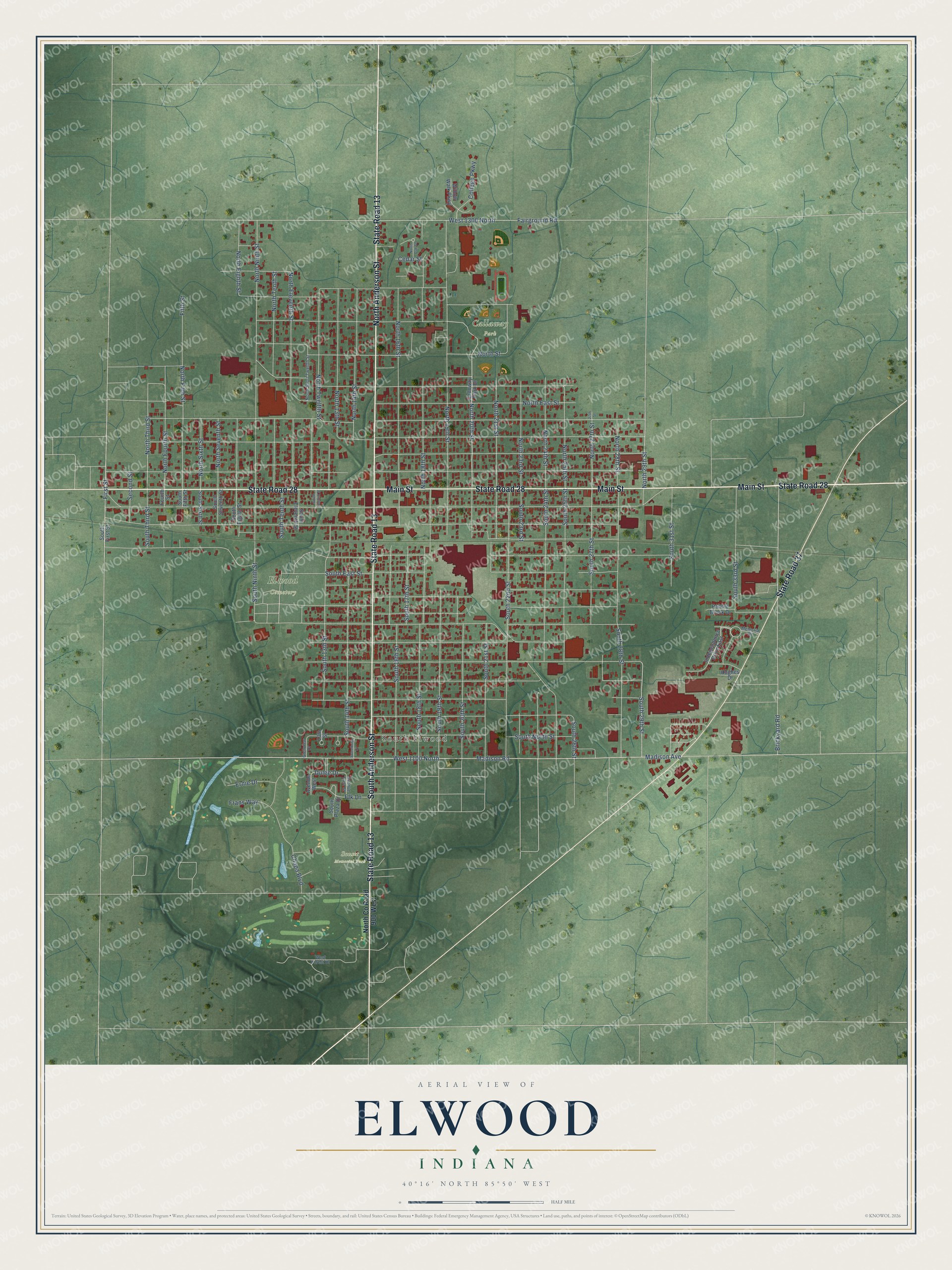 Full map of Elwood, Indiana, with red buildings, printed street names and the land around them