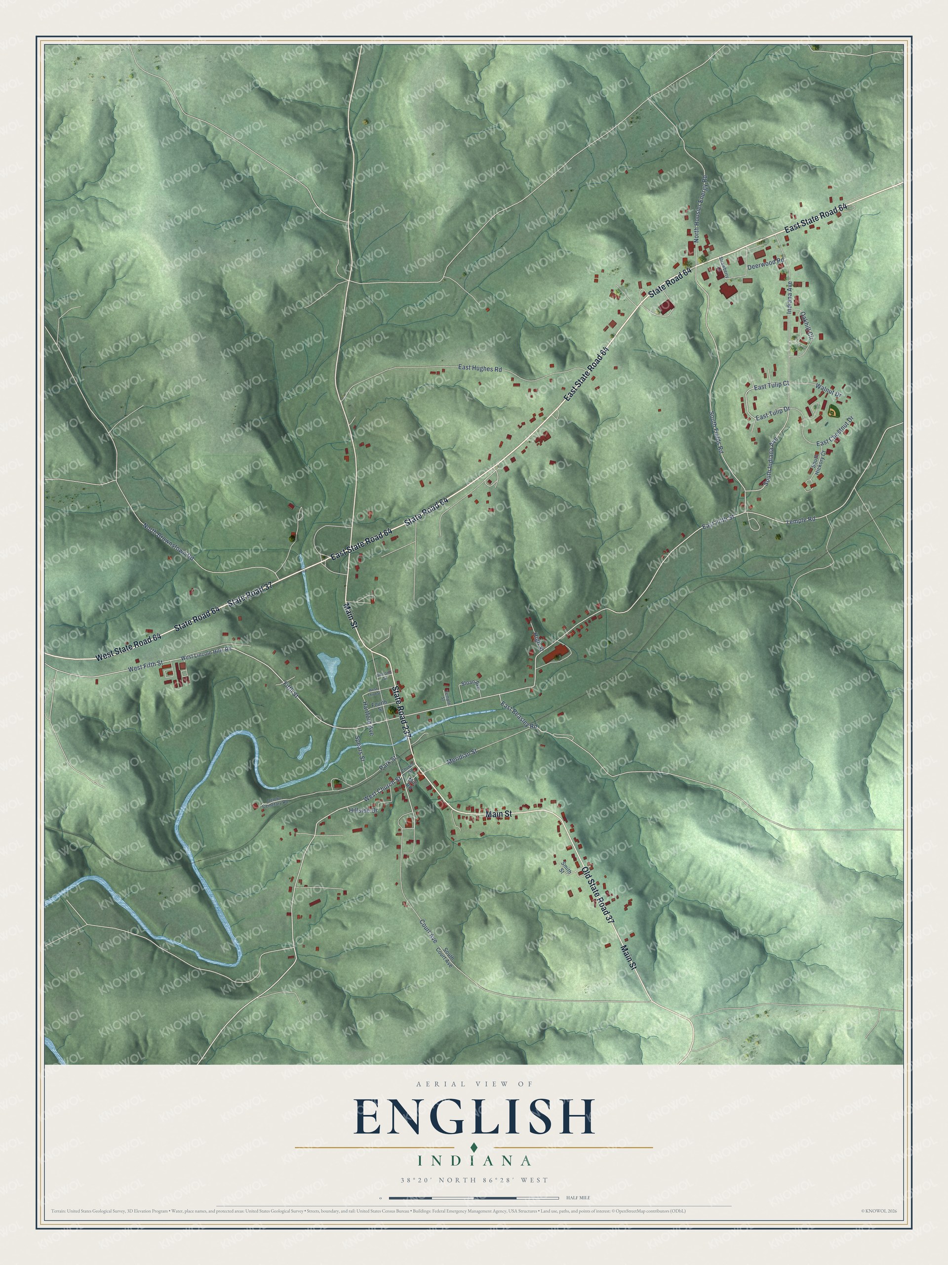Full map of English, Indiana, with red buildings, printed street names and the land around them