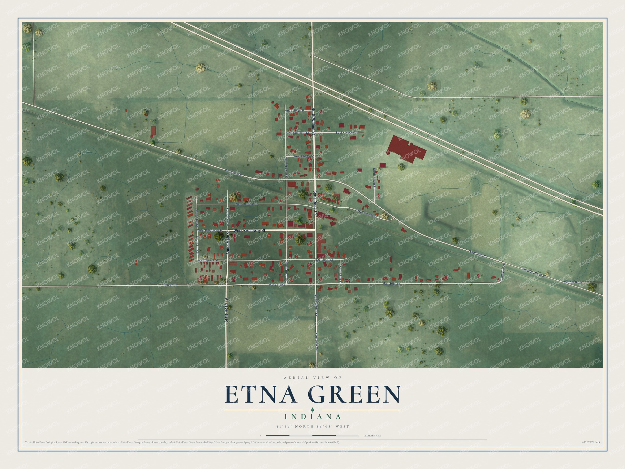 Full map of Etna Green, Indiana, with red buildings, printed street names and the land around them