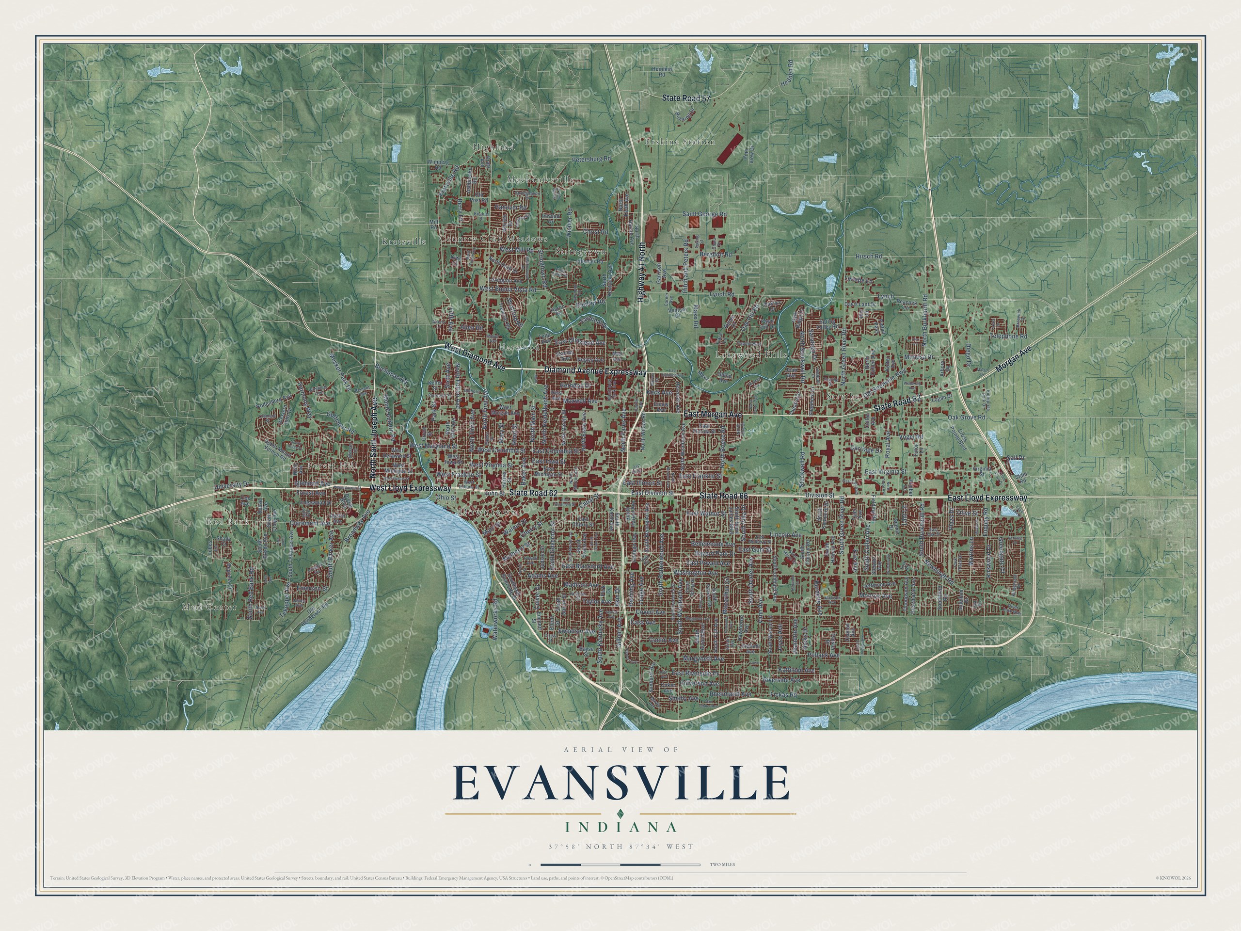 Full map of Evansville, Indiana, with red buildings, printed street names and the land around them