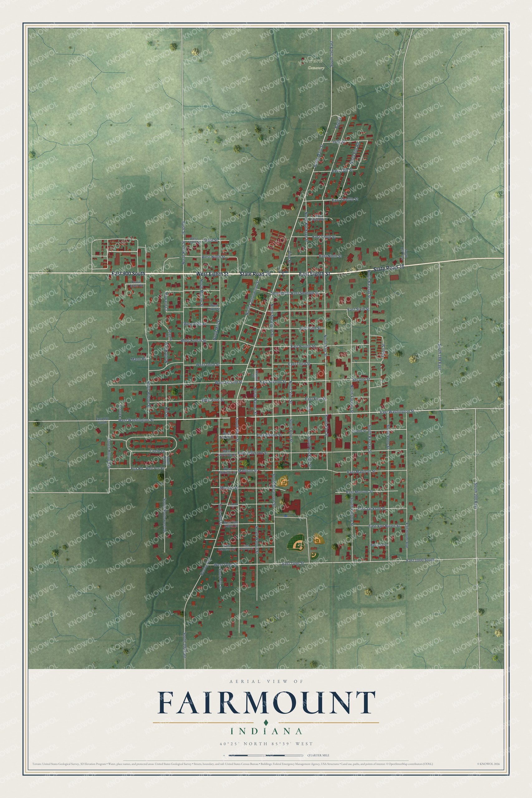 Full map of Fairmount, Indiana, with red buildings, printed street names and the land around them