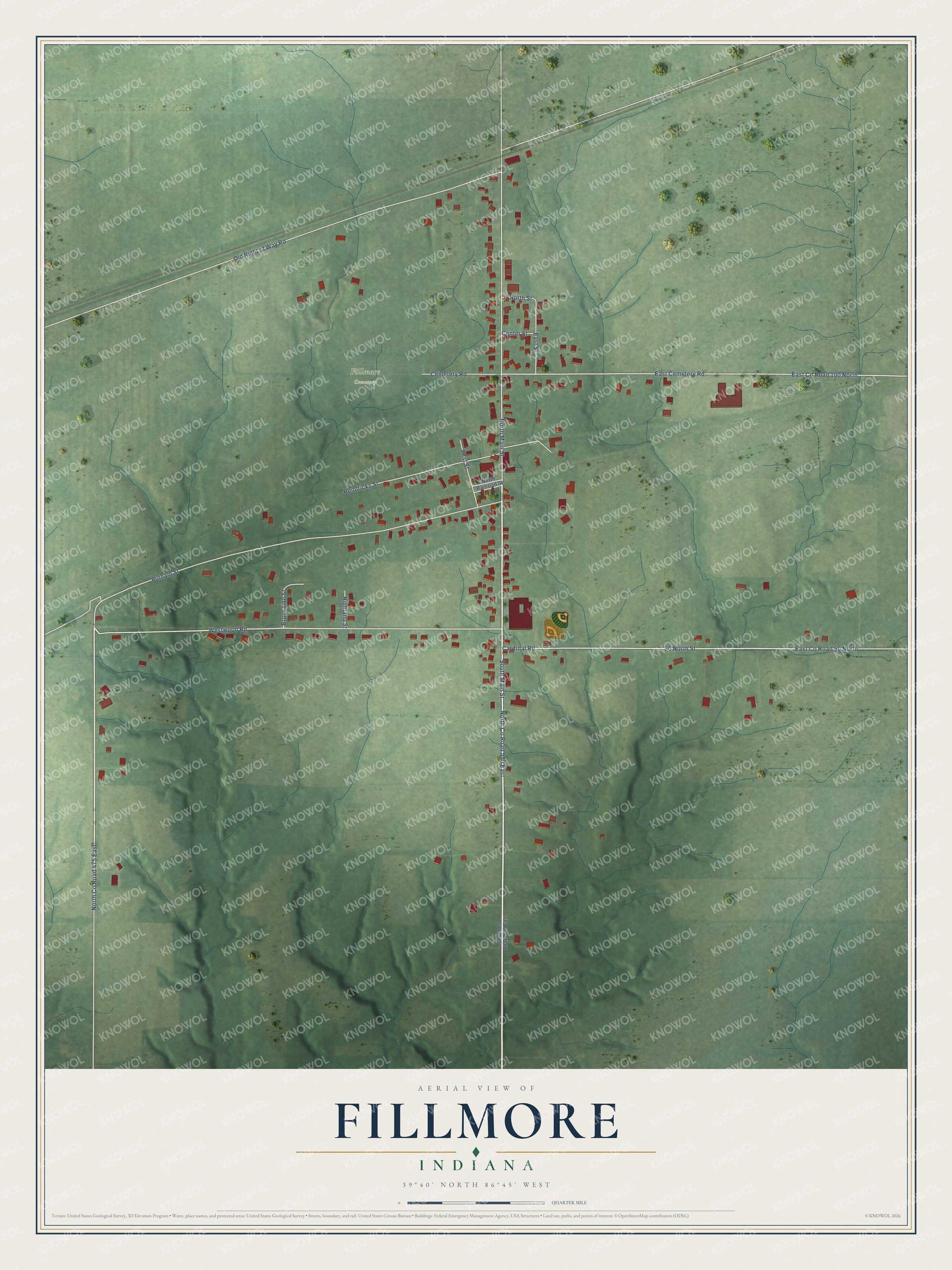 Full map of Fillmore, Indiana, with red buildings, printed street names and the land around them