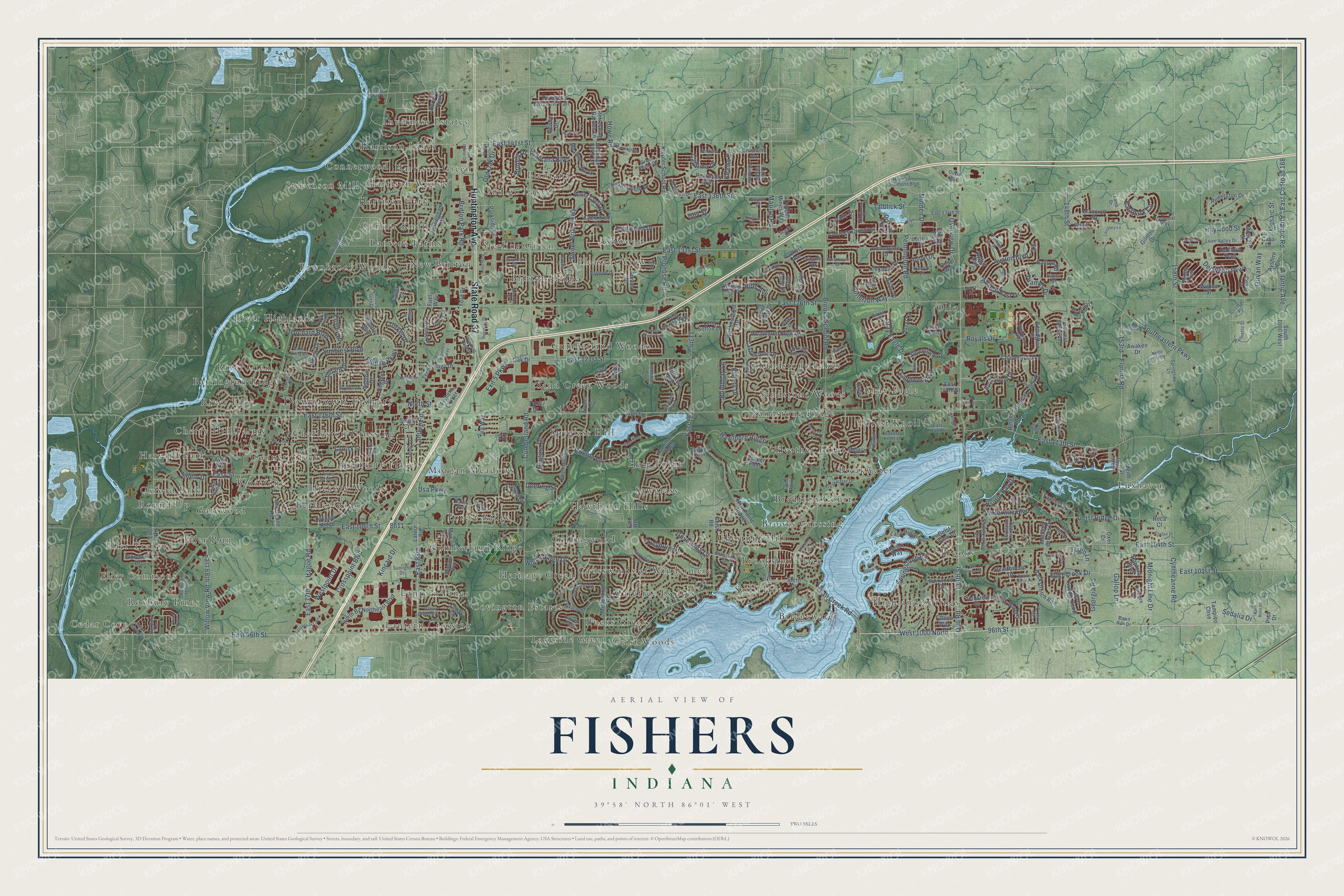 Full map of Fishers, Indiana, with red buildings, printed street names and the land around them