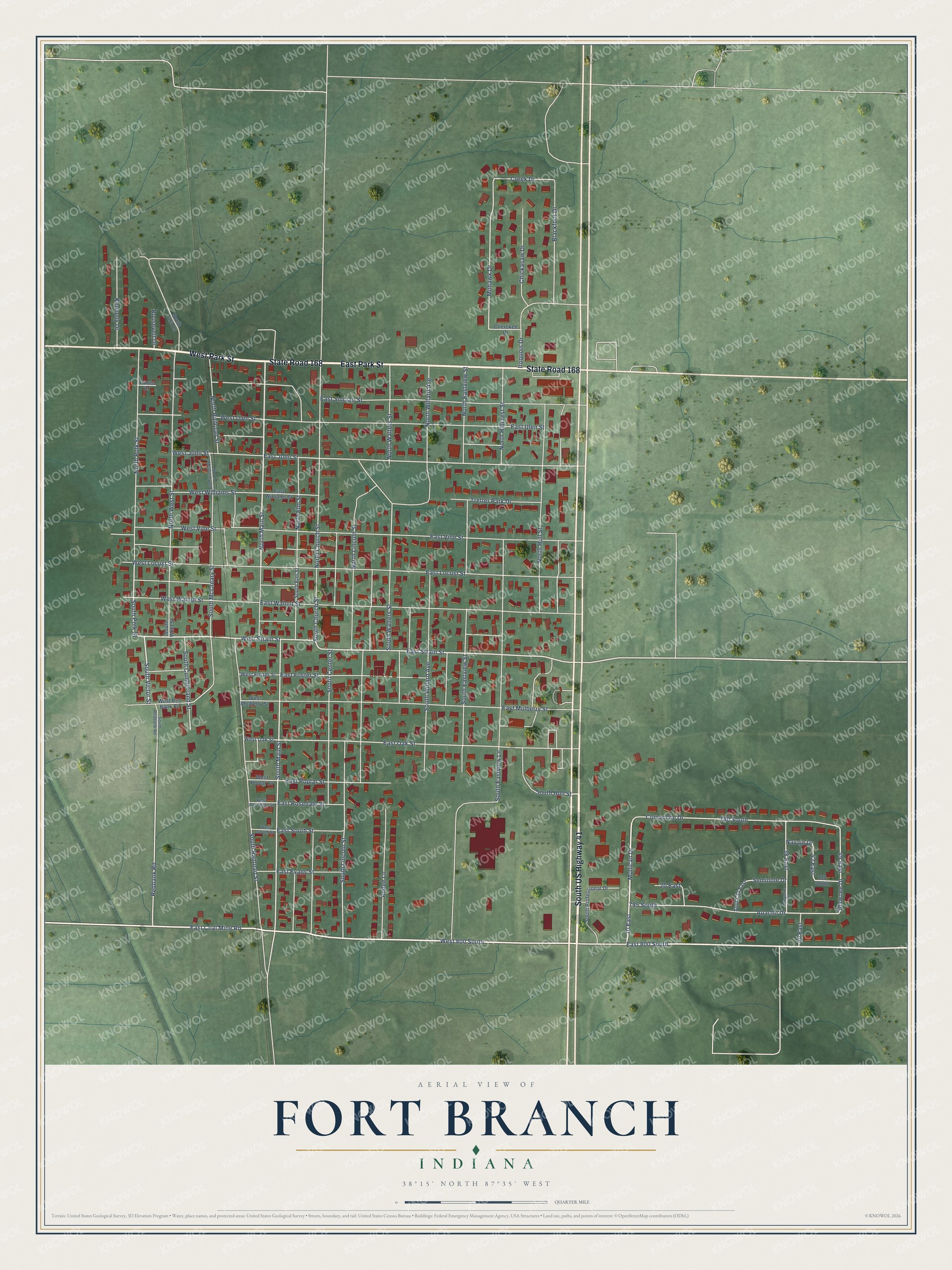 Full map of Fort Branch, Indiana, with red buildings, printed street names and the land around them