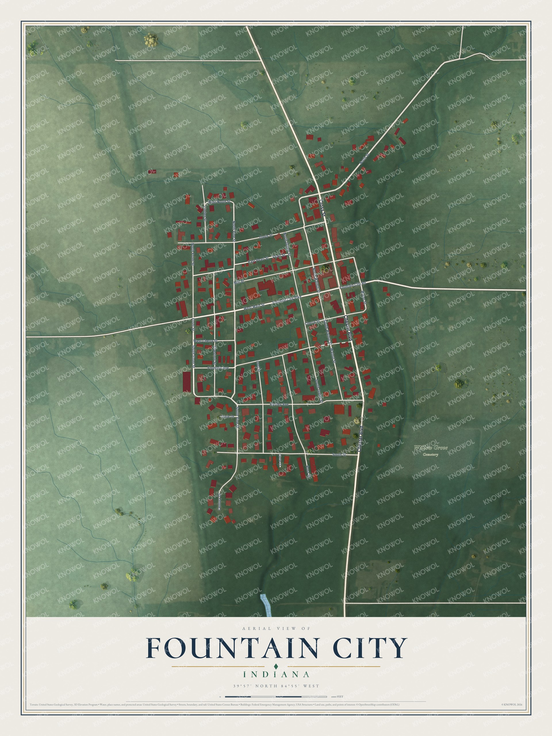 Full map of Fountain City, Indiana, with red buildings, printed street names and the land around them