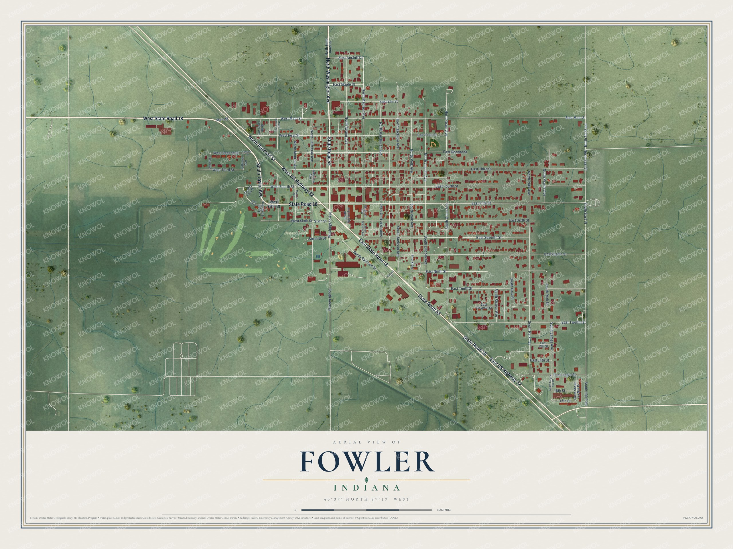 Full map of Fowler, Indiana, with red buildings, printed street names and the land around them