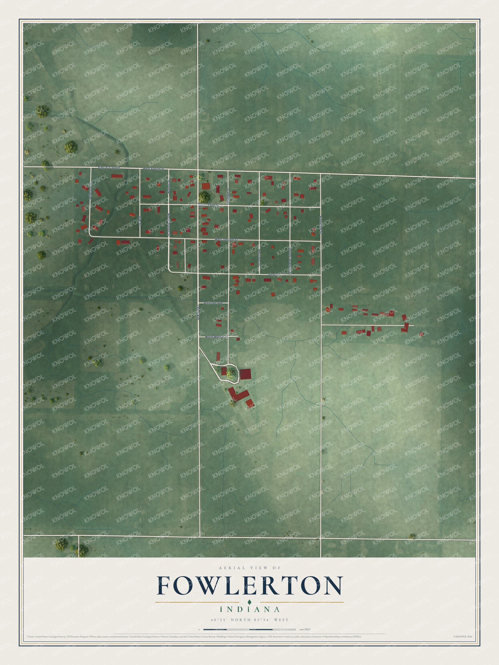 Full map of Fowlerton, Indiana, with red buildings, printed street names and the land around them