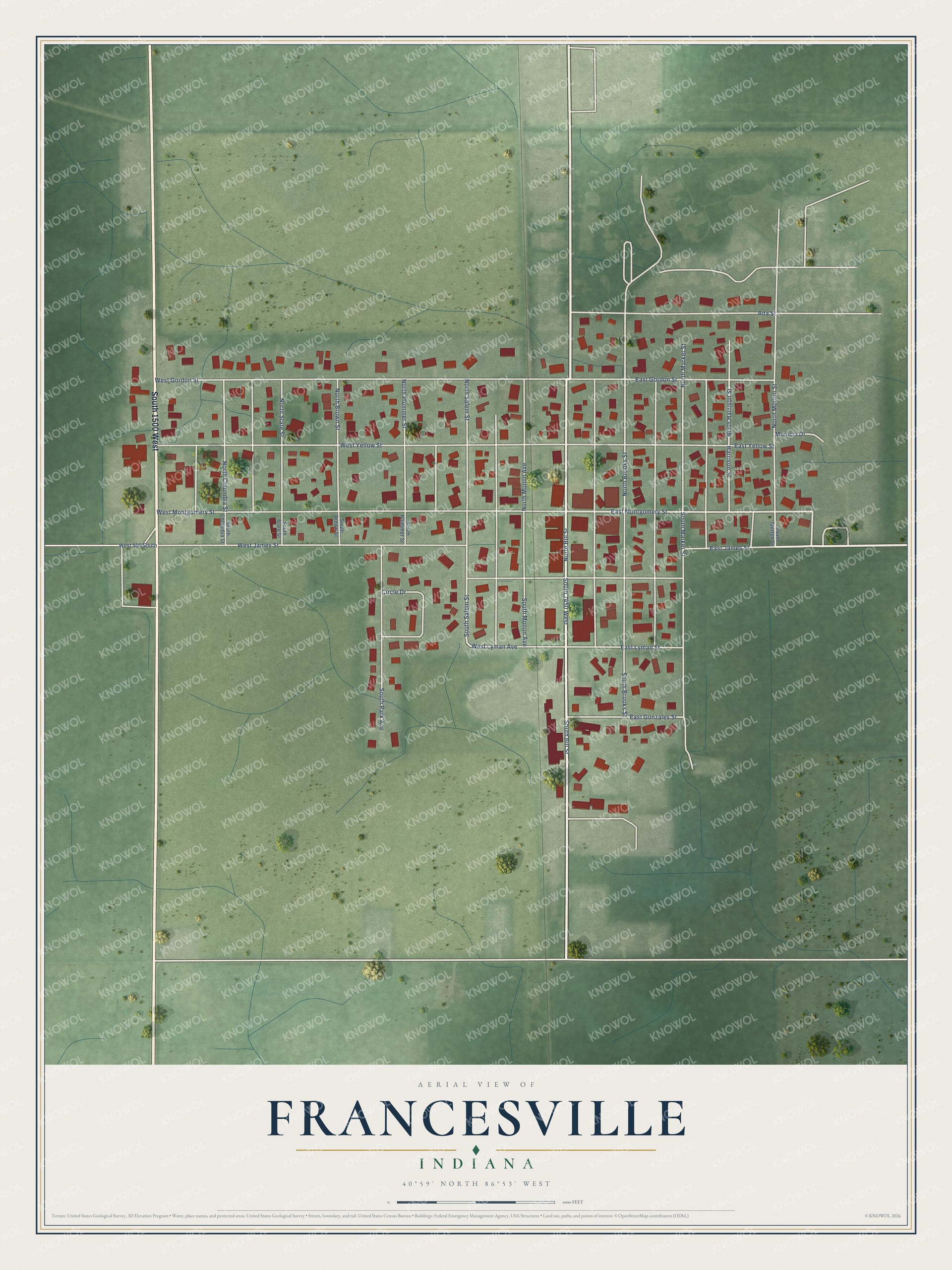 Full map of Francesville, Indiana, with red buildings, printed street names and the land around them