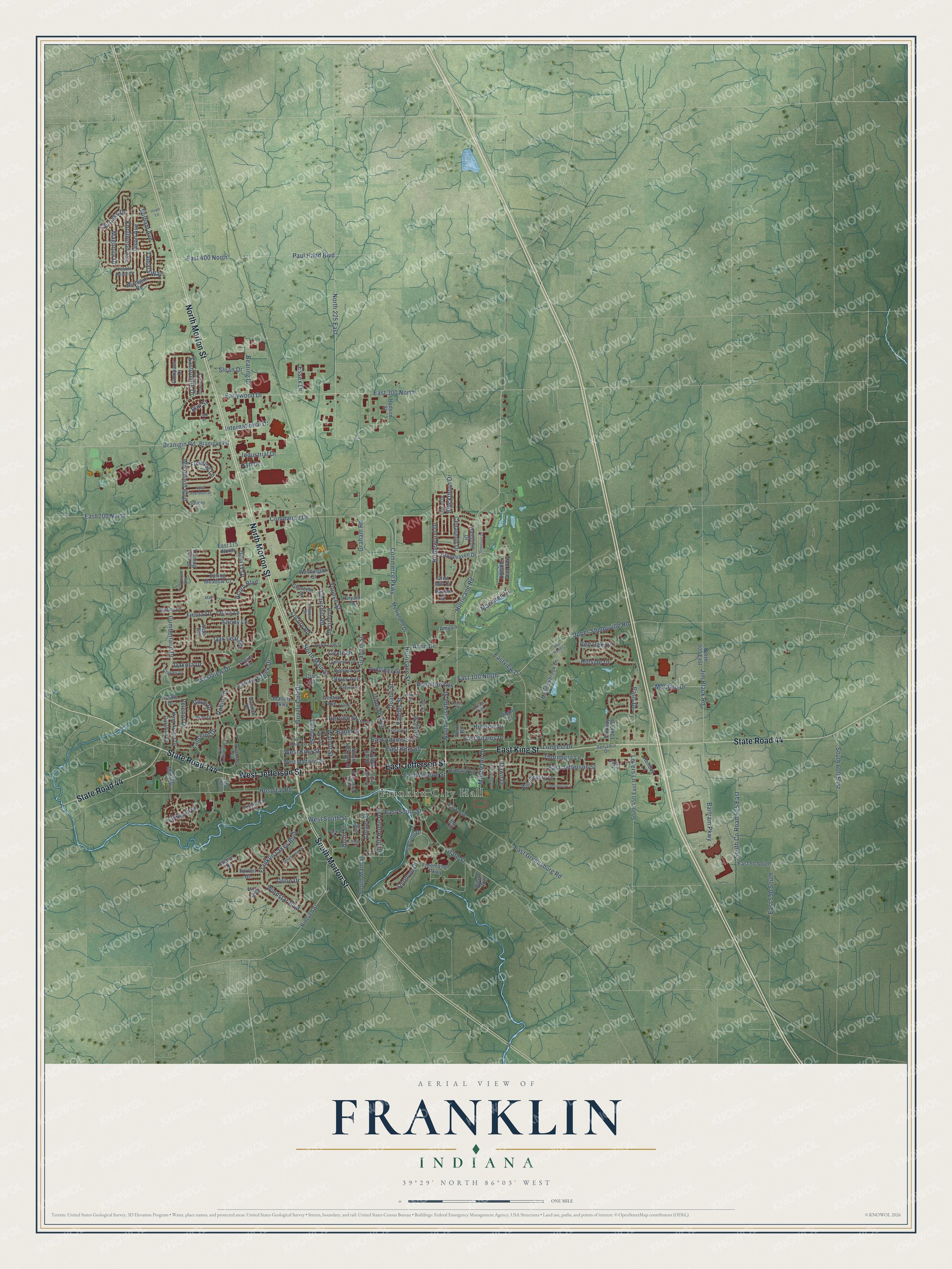 Full map of Franklin, Indiana, with red buildings, printed street names and the land around them