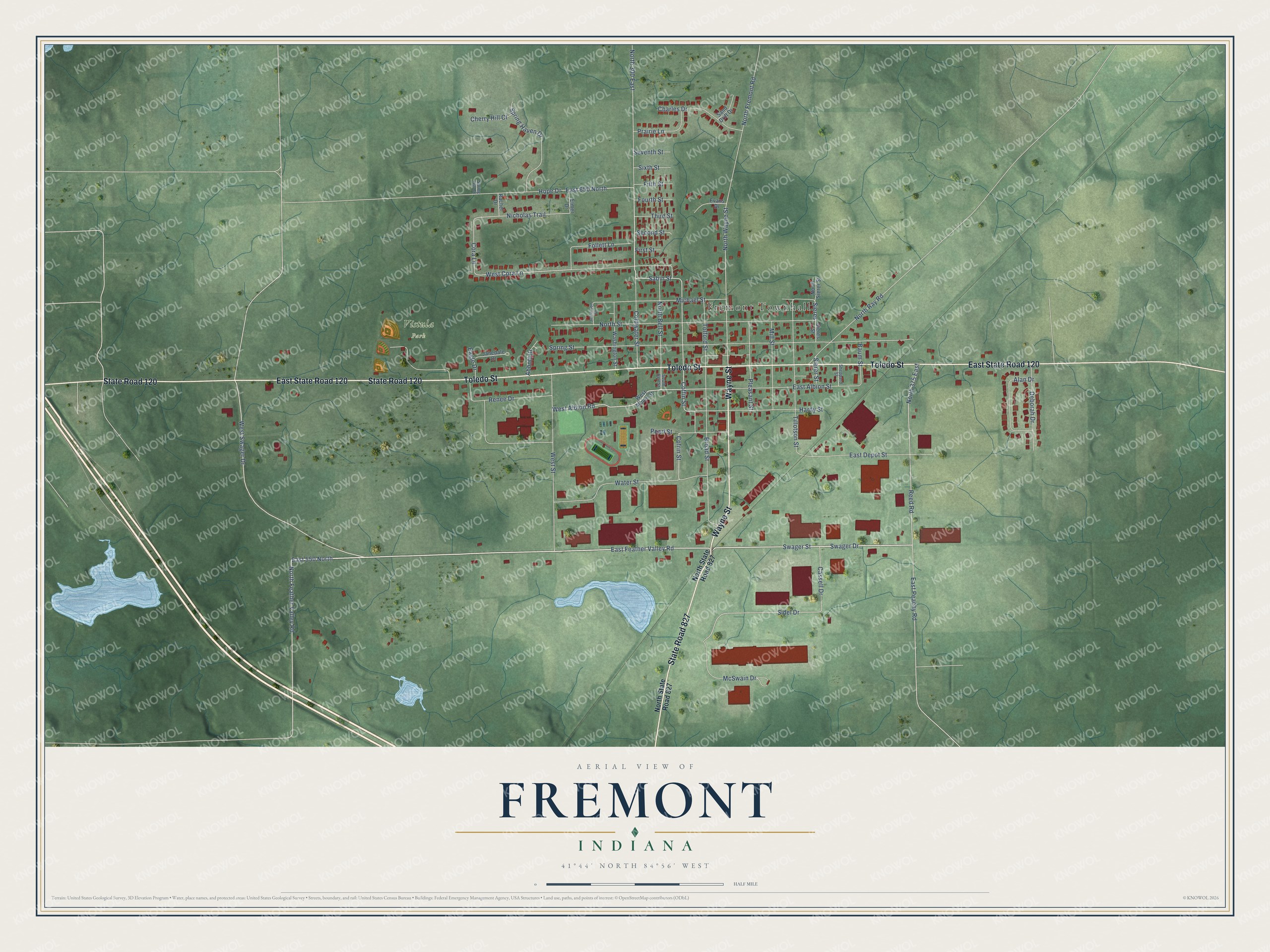 Full map of Fremont, Indiana, with red buildings, printed street names and the land around them