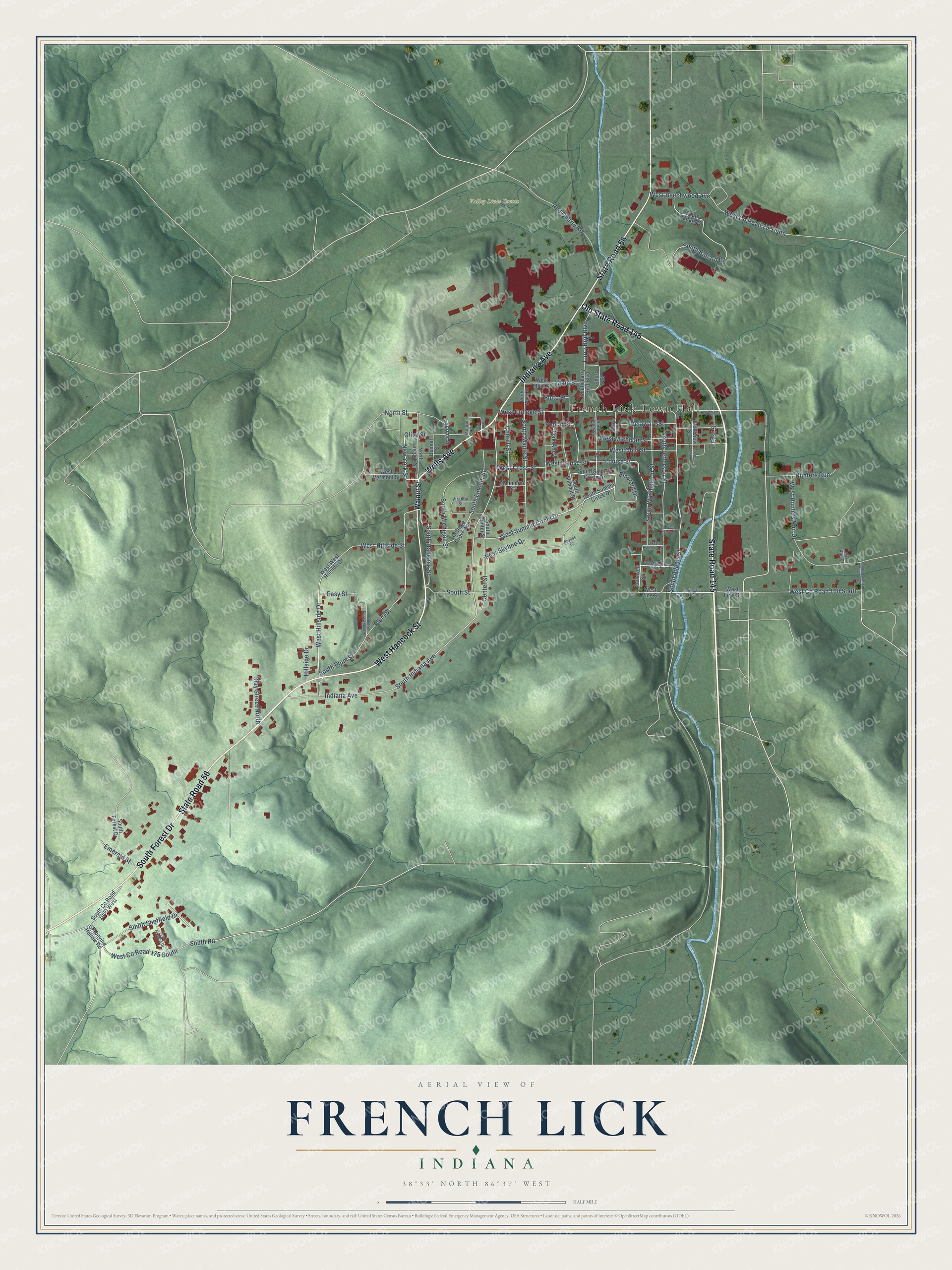 Full map of French Lick, Indiana, with red buildings, printed street names and the land around them