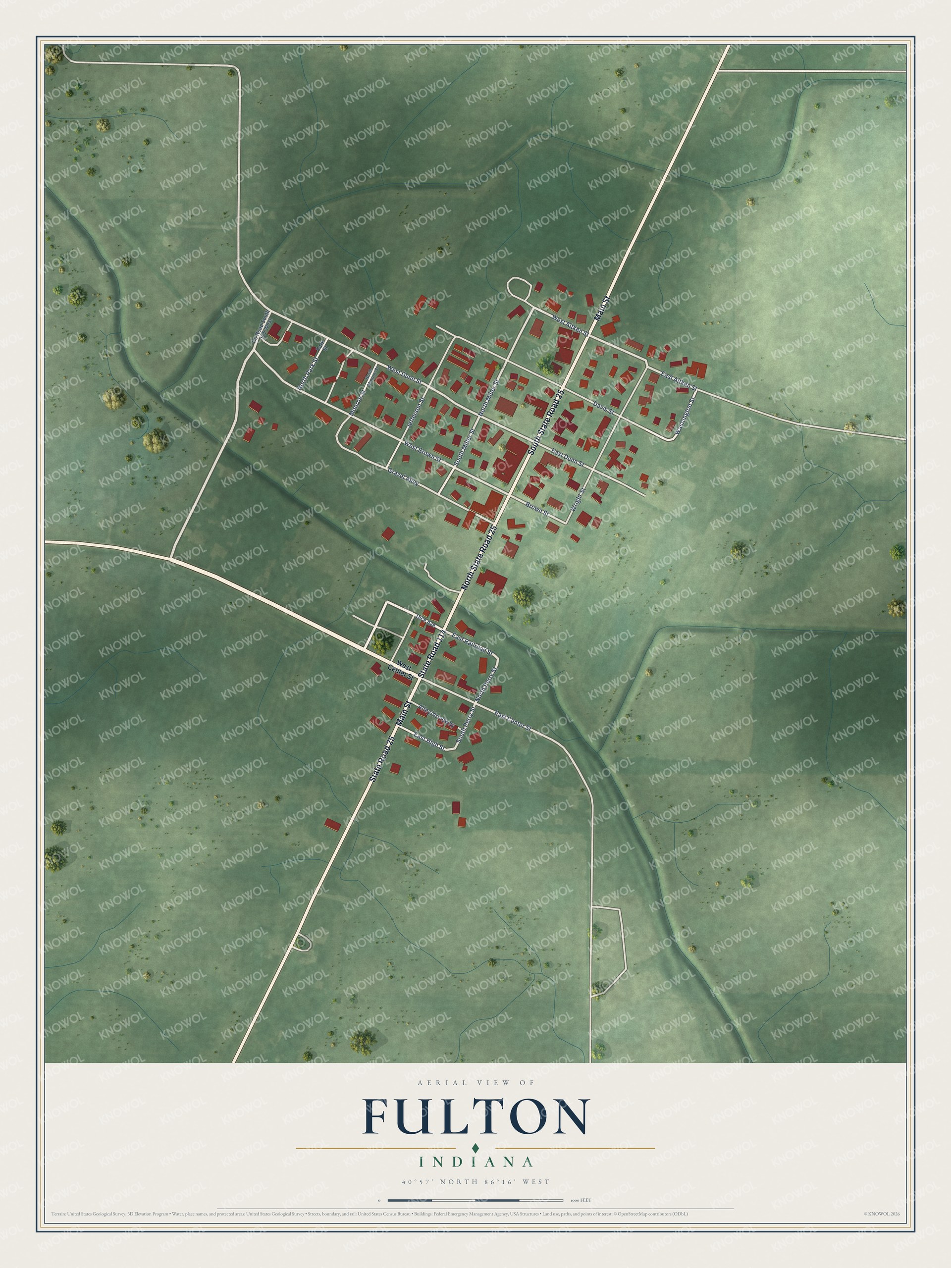 Full map of Fulton, Indiana, with red buildings, printed street names and the land around them