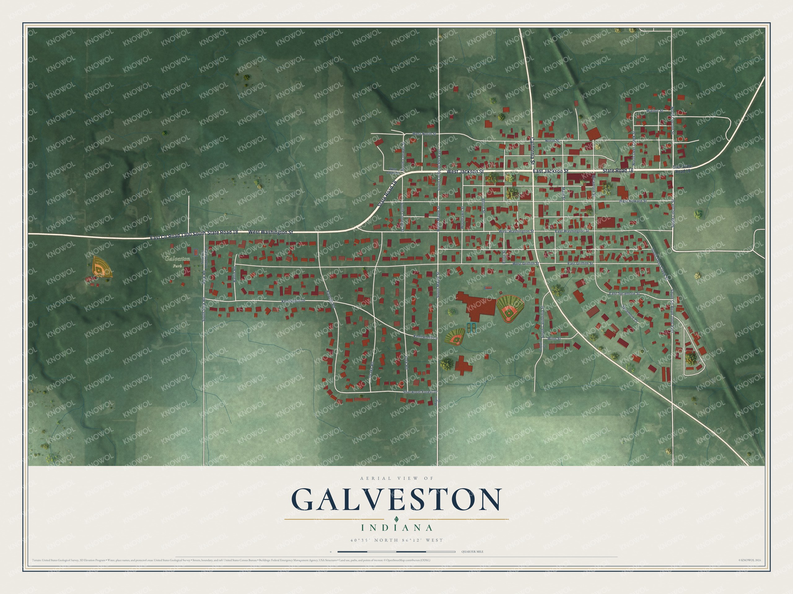 Full map of Galveston, Indiana, with red buildings, printed street names and the land around them