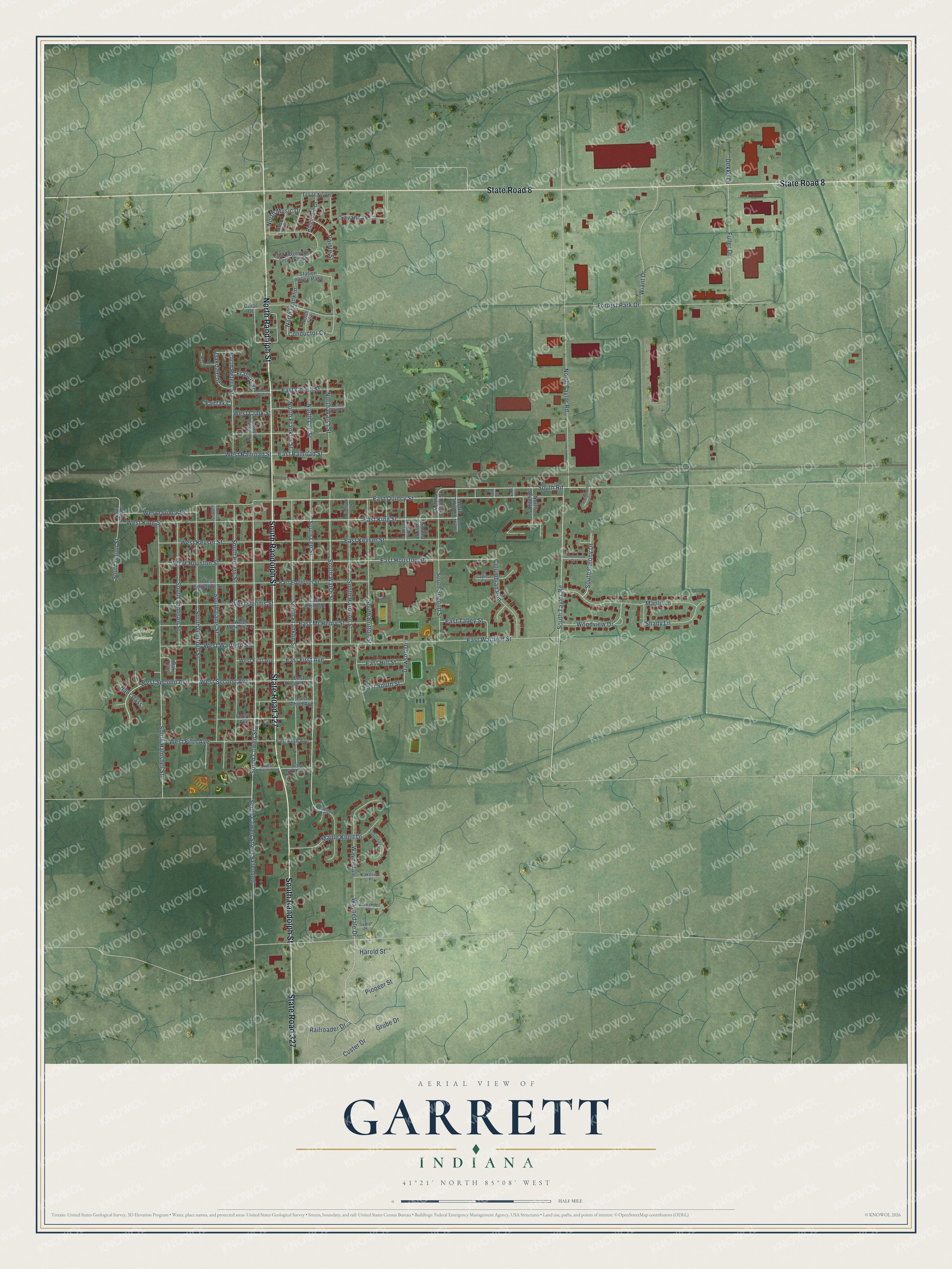 Full map of Garrett, Indiana, with red buildings, printed street names and the land around them