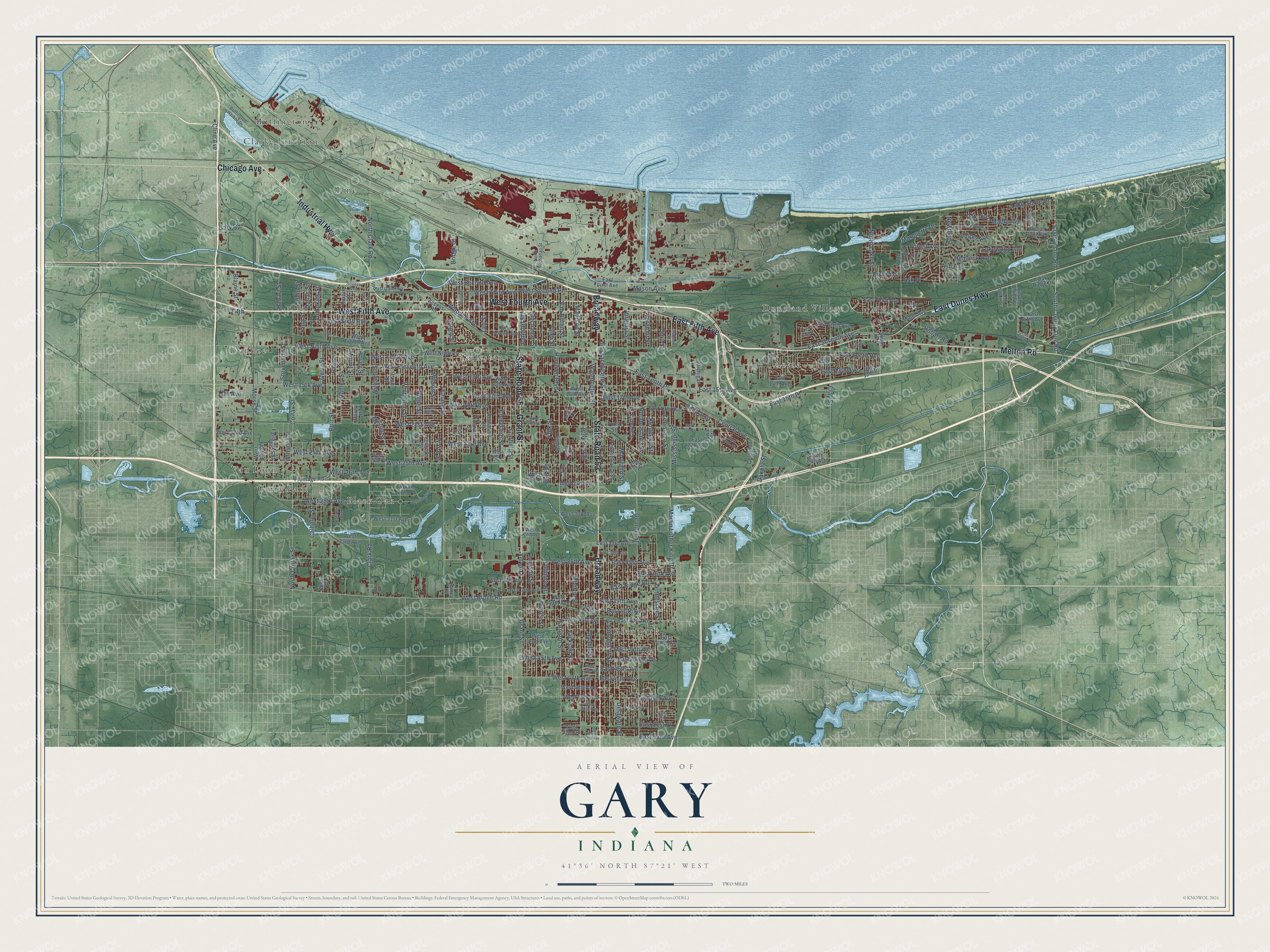 Full map of Gary, Indiana, with red buildings, printed street names and the land around them
