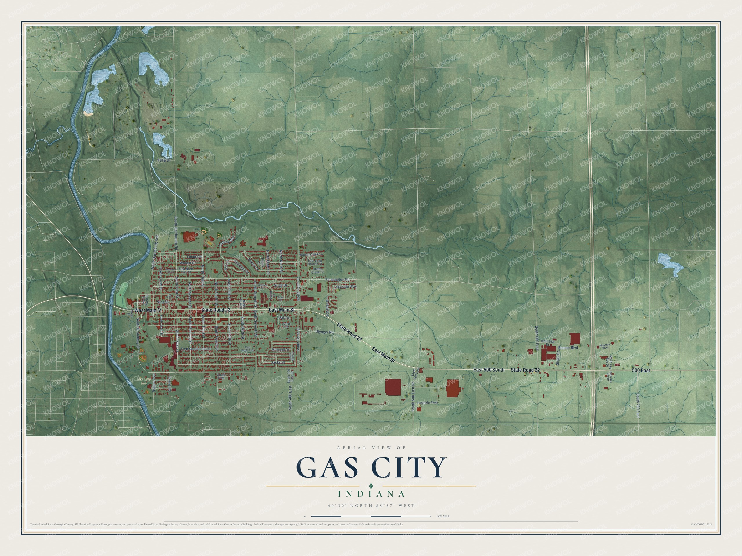 Full map of Gas City, Indiana, with red buildings, printed street names and the land around them