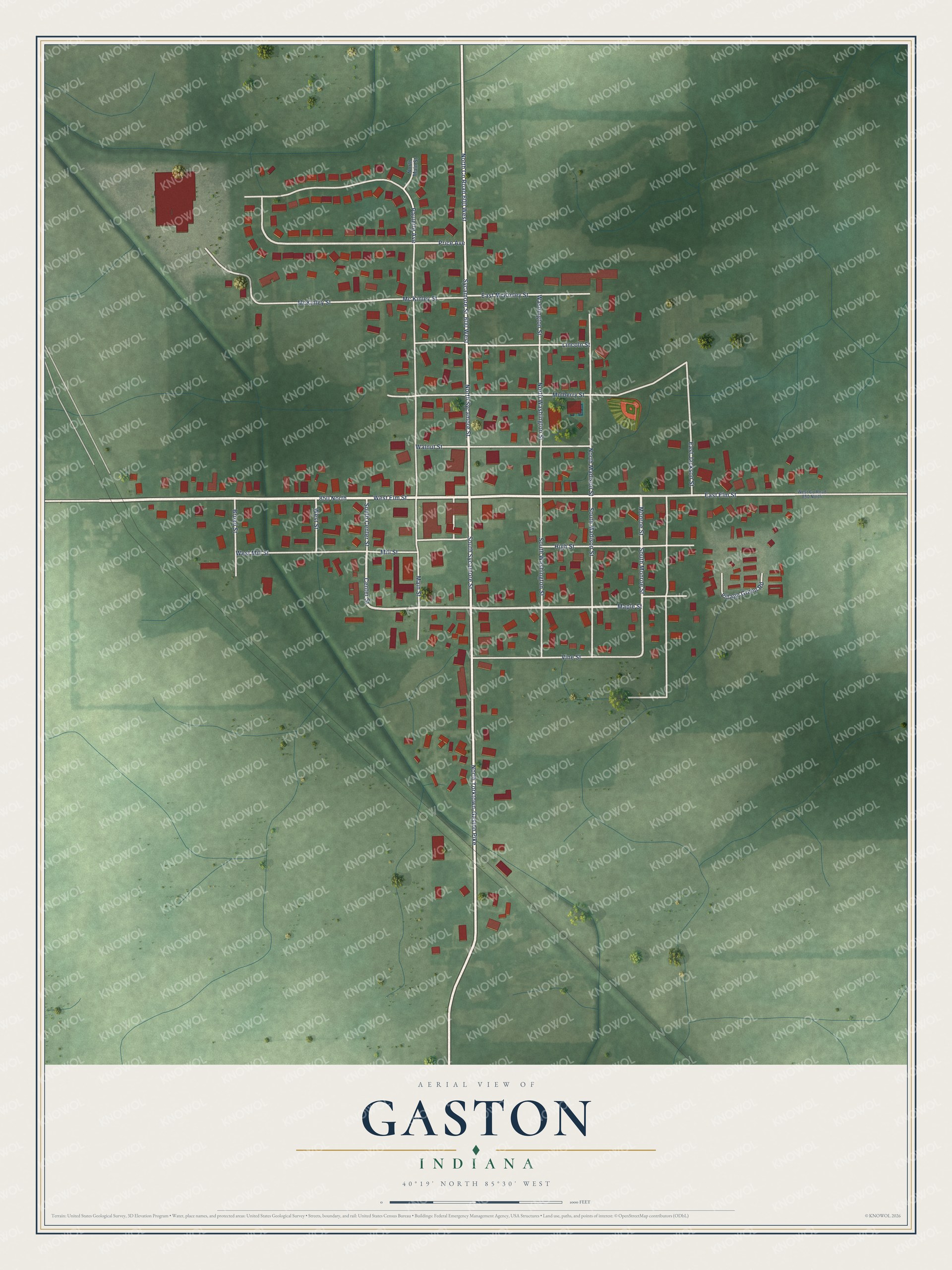 Full map of Gaston, Indiana, with red buildings, printed street names and the land around them