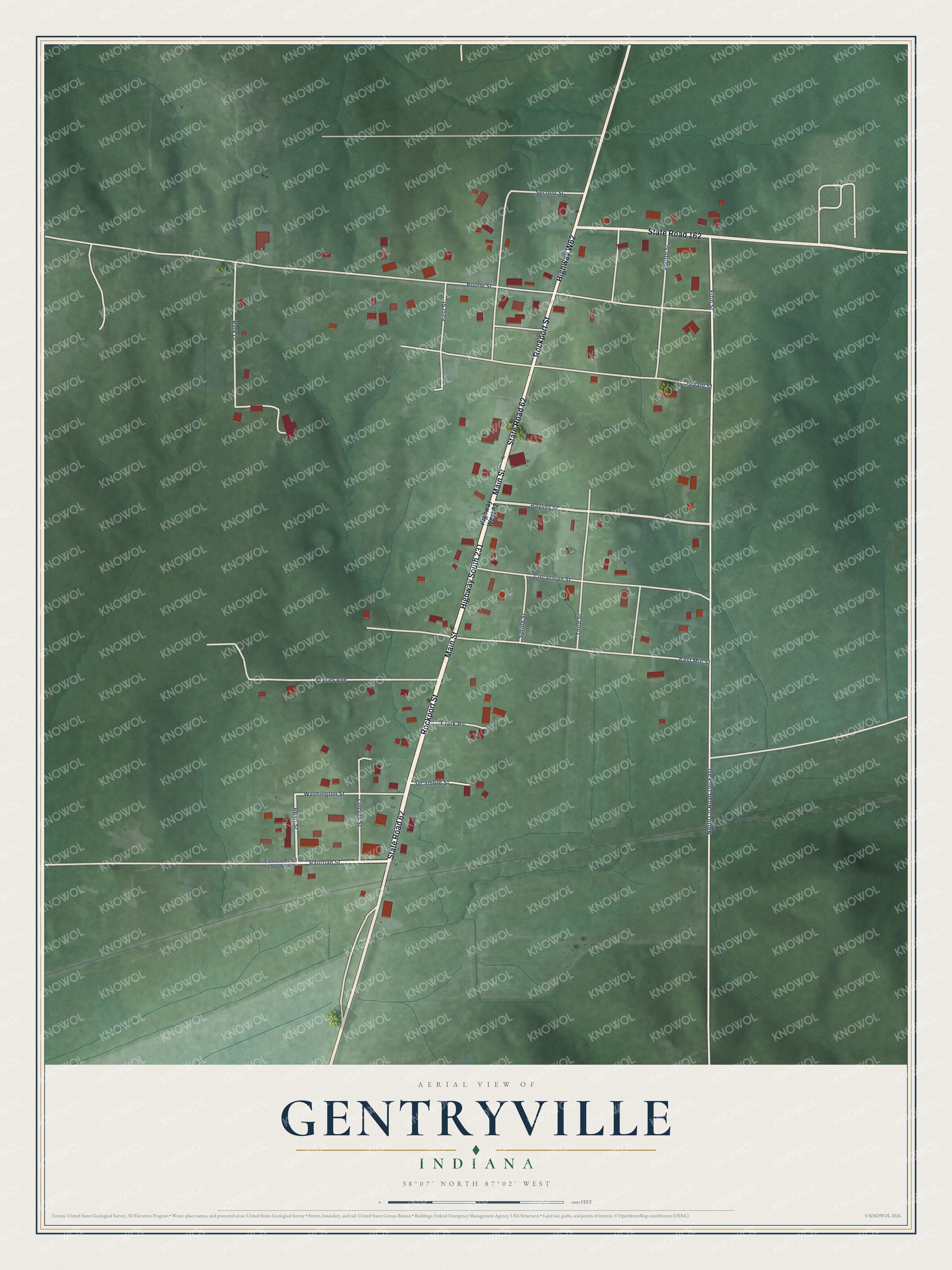 Full map of Gentryville, Indiana, with red buildings, printed street names and the land around them