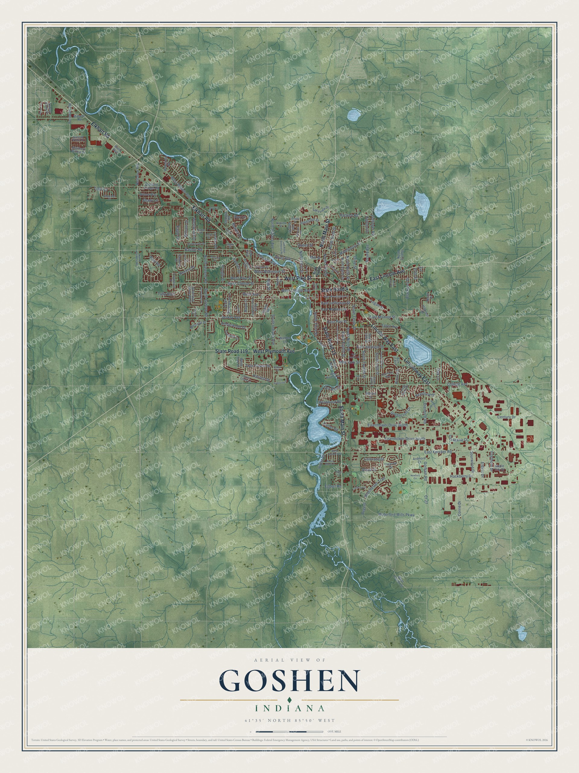 Full map of Goshen, Indiana, with red buildings, printed street names and the land around them