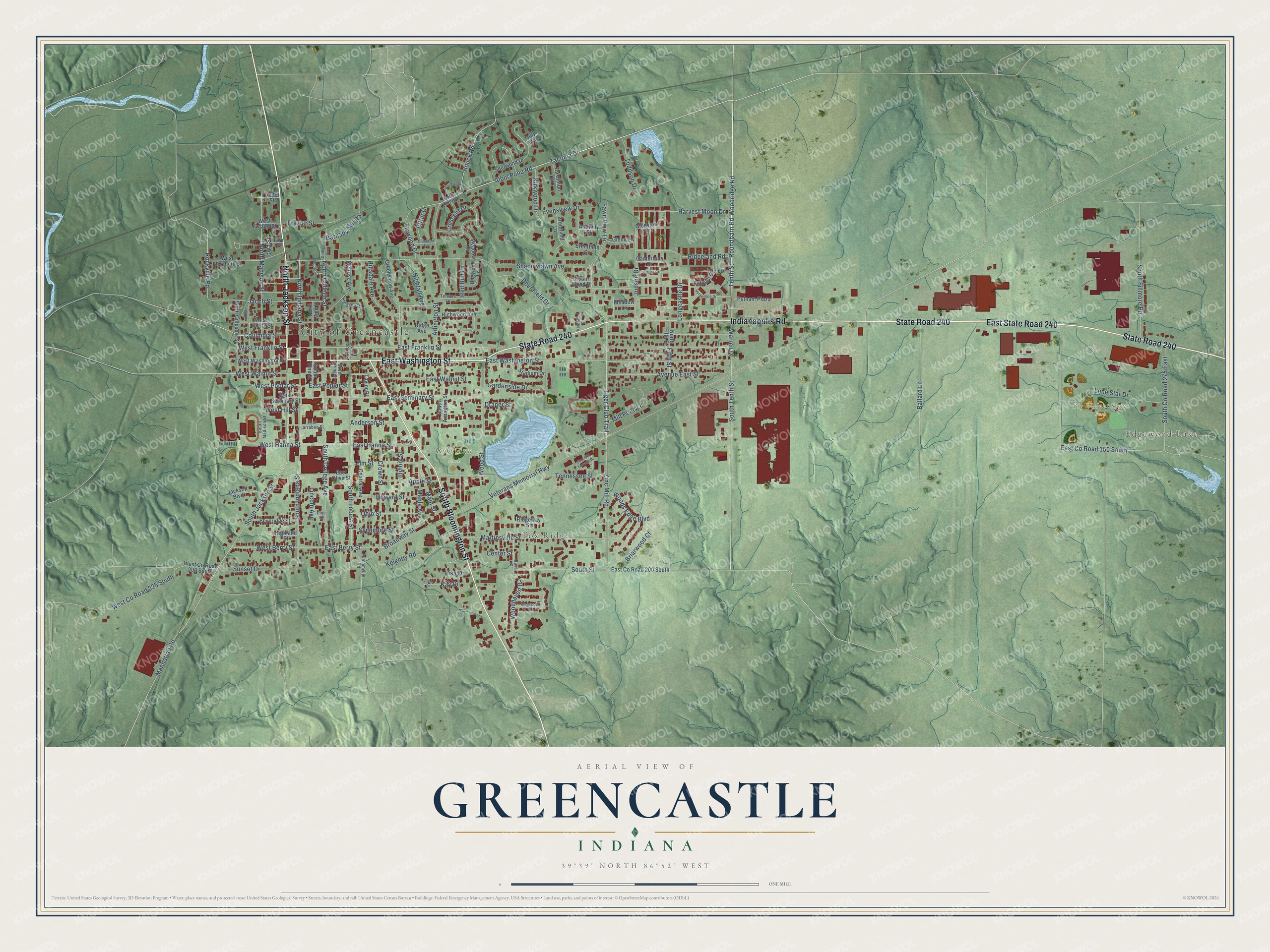 Full map of Greencastle, Indiana, with red buildings, printed street names and the land around them