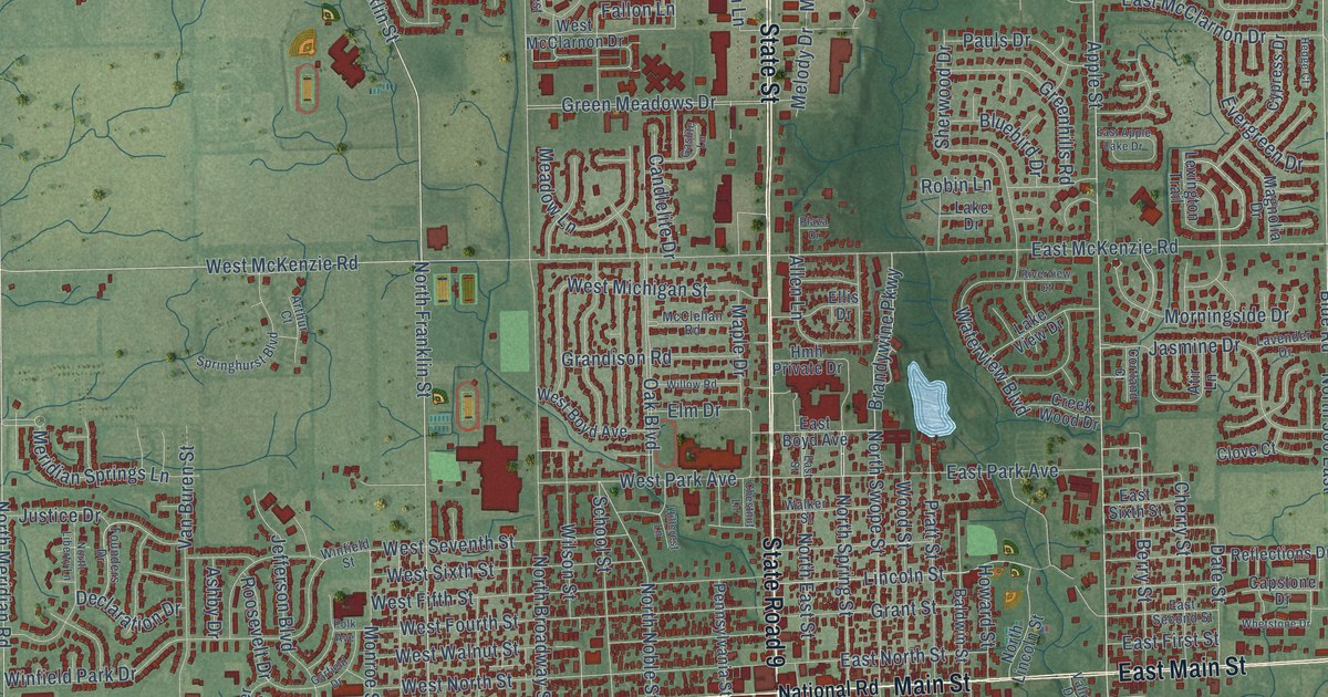 Map of Greenfield, Indiana in 2026