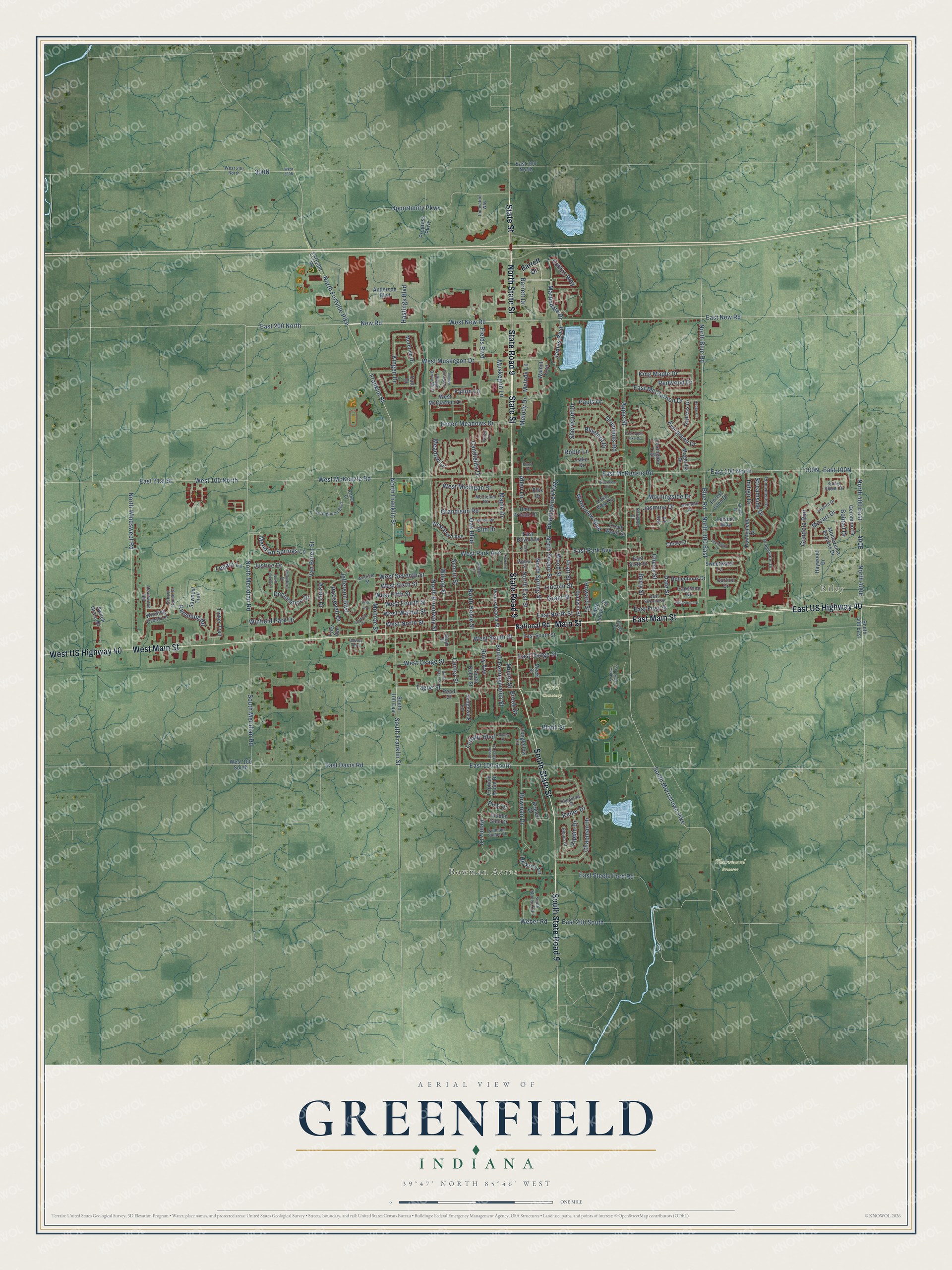Full map of Greenfield, Indiana, with red buildings, printed street names and the land around them