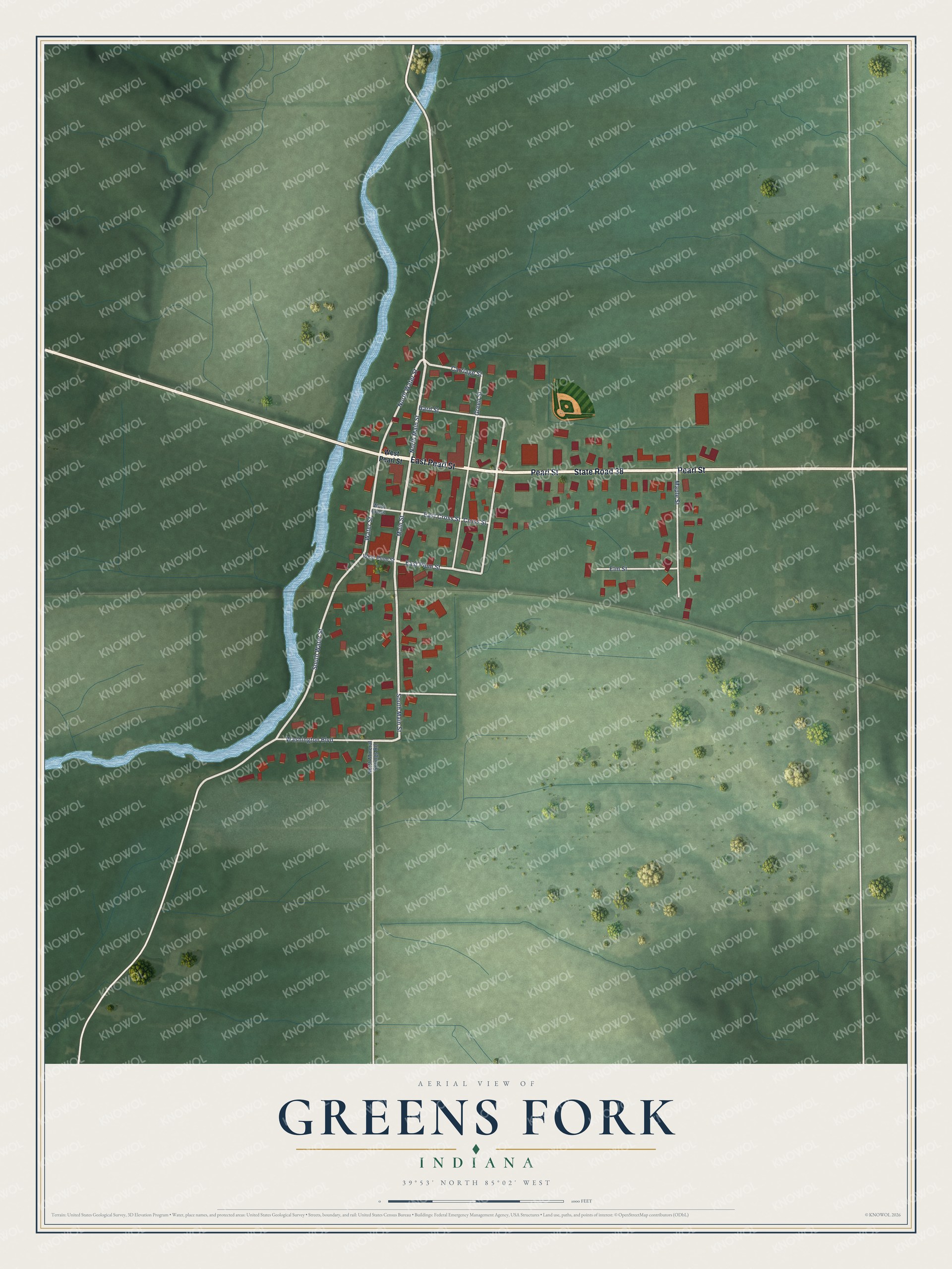 Full map of Greens Fork, Indiana, with red buildings, printed street names and the land around them