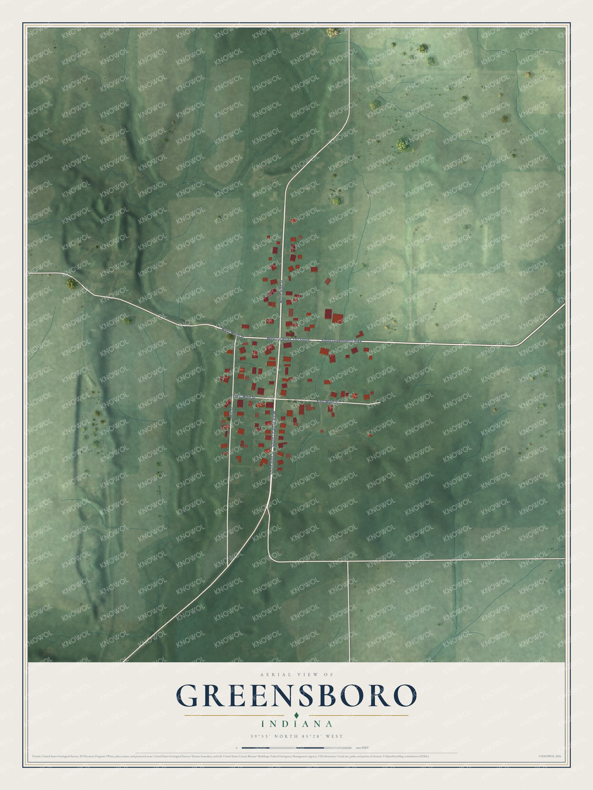 Full map of Greensboro, Indiana, with red buildings, printed street names and the land around them