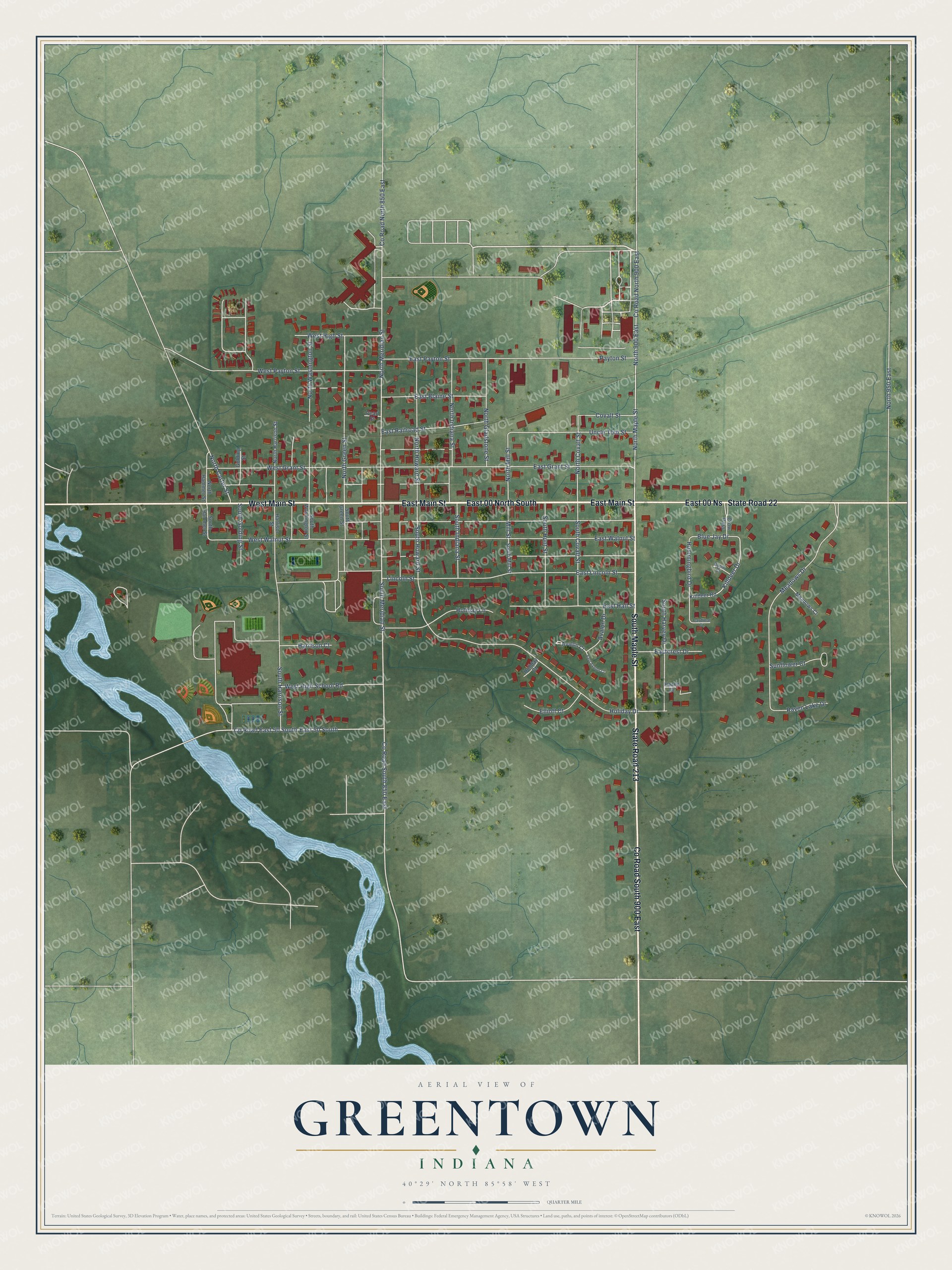 Full map of Greentown, Indiana, with red buildings, printed street names and the land around them